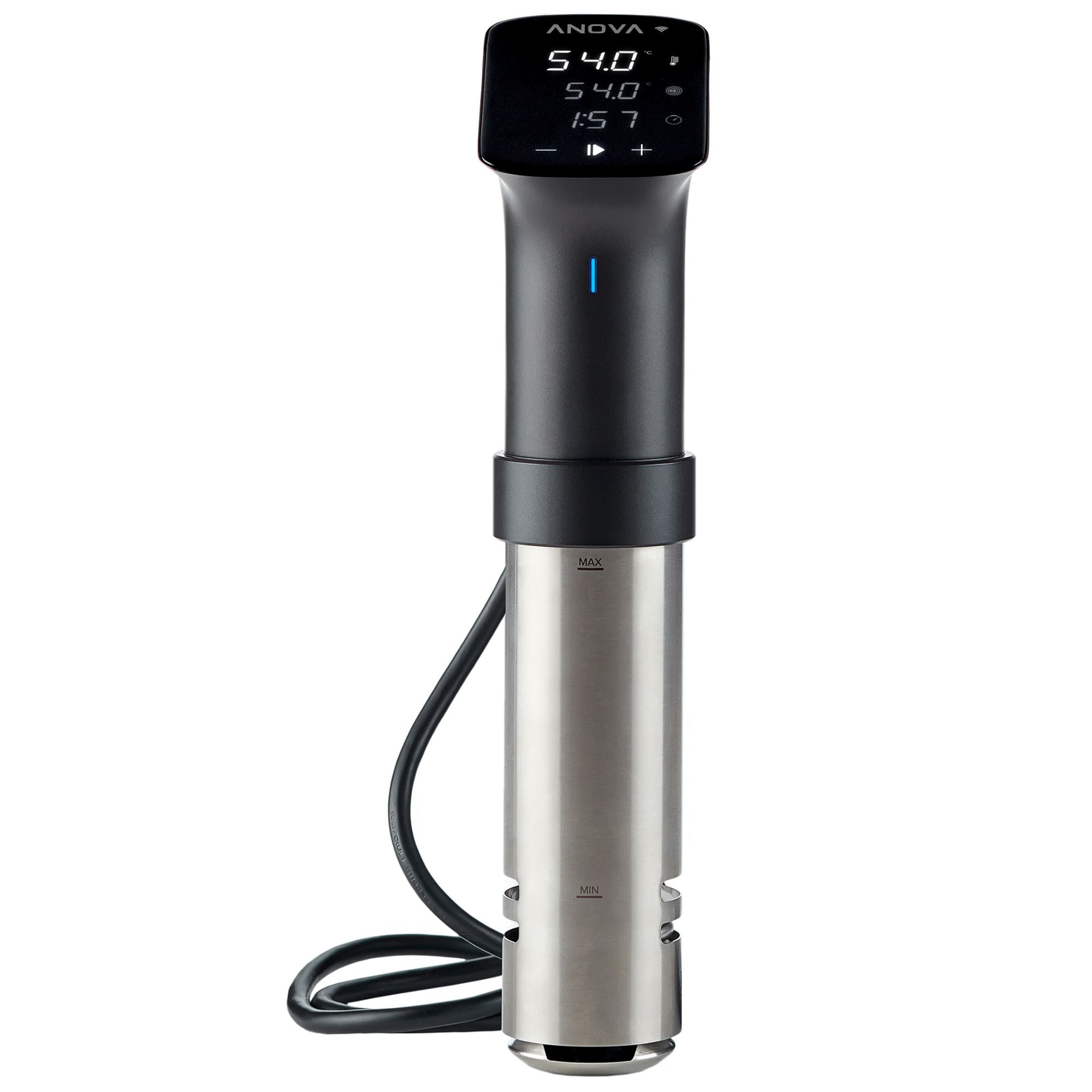 Front view of the Anova Precision Cooker Pro sous vide machine with stainless steel body, power cable, and digital display showing current temperature and timer.