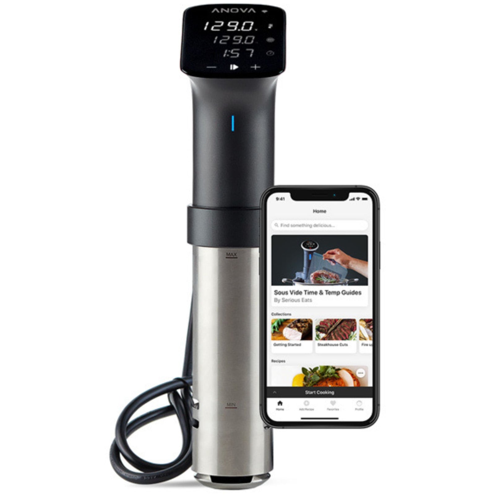 Anova Precision Cooker Pro sous vide machine with stainless steel body, digital display showing temperature and time, paired with smartphone showing Anova cooking app interface.