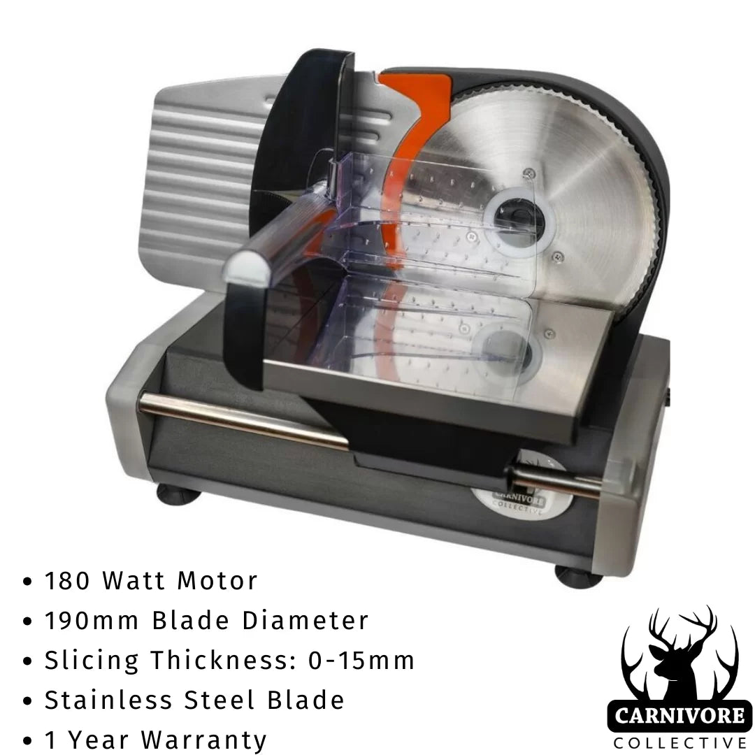 This Carnivore Collective Meat Slicer can slice cured and cooked meats paper-thin. With a Powerful 180 watts AC motor, this meat slicer can slice up to 190mm diameter and up to 15mm thick.
