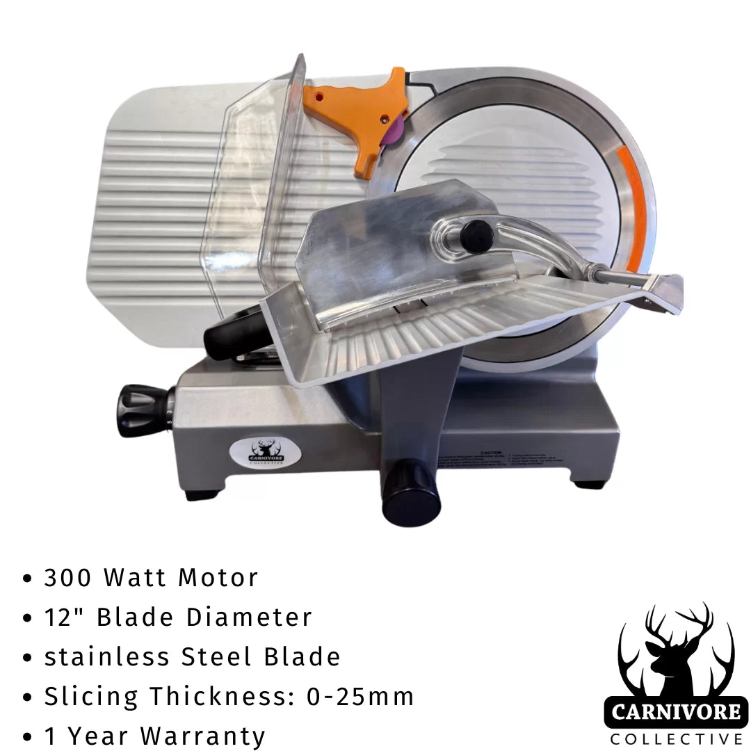 This Carnivore Collective 12″ Meat Slicer can slice cured and cooked meats paper thin and is perfect for slicing lightly frozen beef or wild game to make jerky! With a slicing range of 0-25mm just simply turn the knob and you can really slice just about everything.