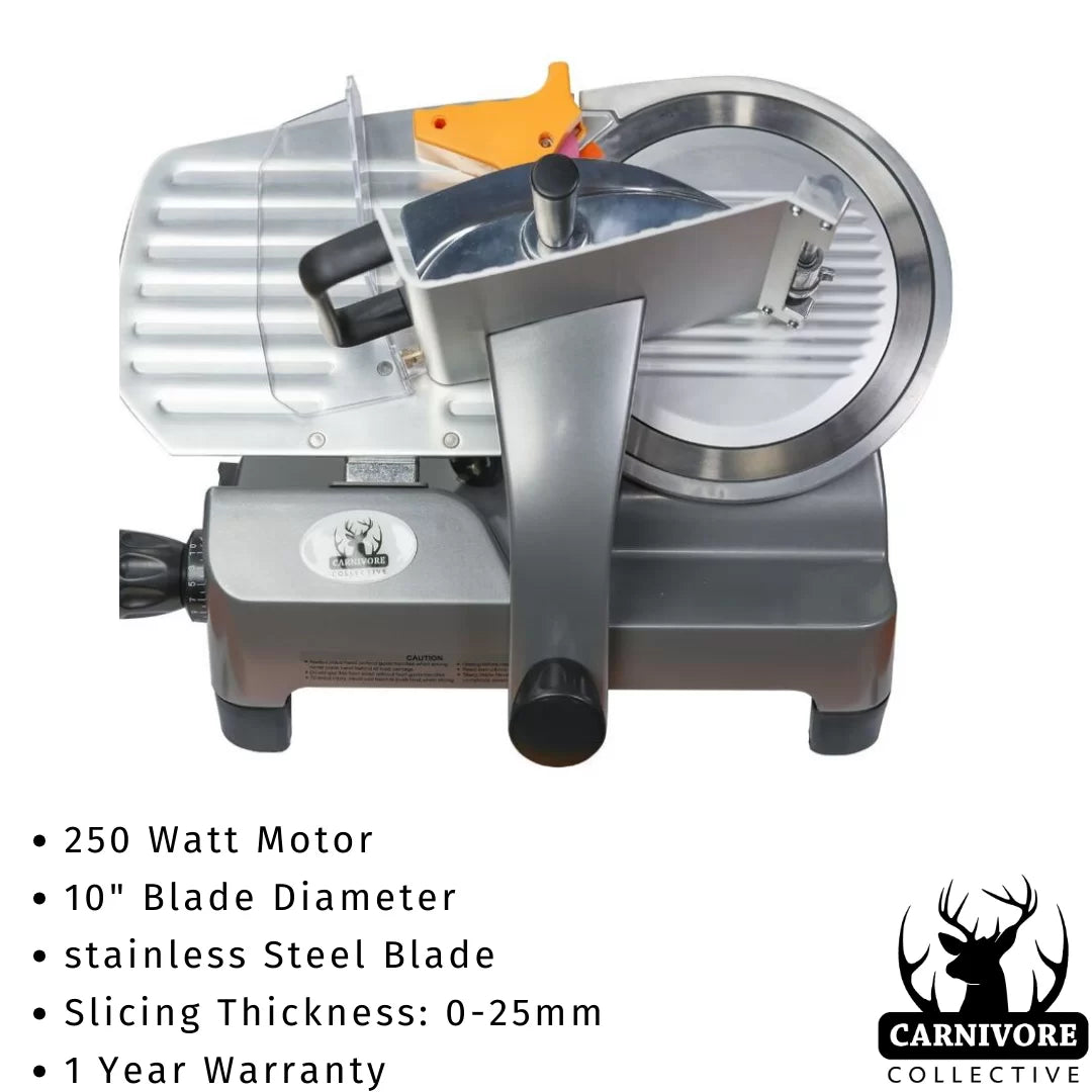This Carnivore Collective 10″ Meat Slicer can slice cured and cooked meats paper thin and is perfect for slicing lightly frozen beef or wild game to make jerky! With a slicing range of 0-25mm just simply turn the knob and you can really slice just about everything.