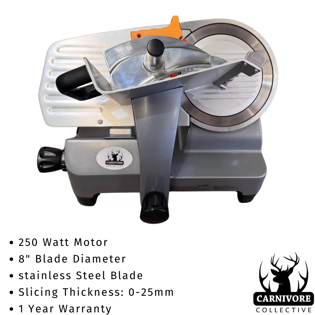 This Carnivore Collective 8″ Meat Slicer can slice cured and cooked meats paper-thin and is perfect for slicing lightly frozen beef or wild game to make jerky! With a slicing range of 0-25mm just simply turn the knob and you can really slice just about everything.