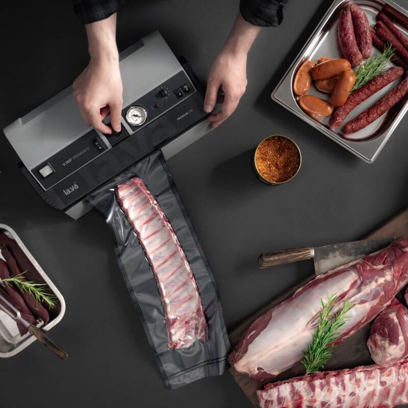 Lava V300 Premium X vacuum sealer cryovac machine Topdown Shot of vacuum sealed meat