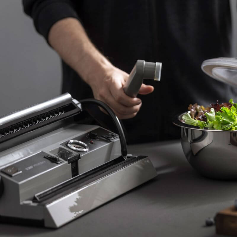 Lava v300 poemium X Vacuum Sealer Cryovac Machine with Lid Open showing the airhose extension tool