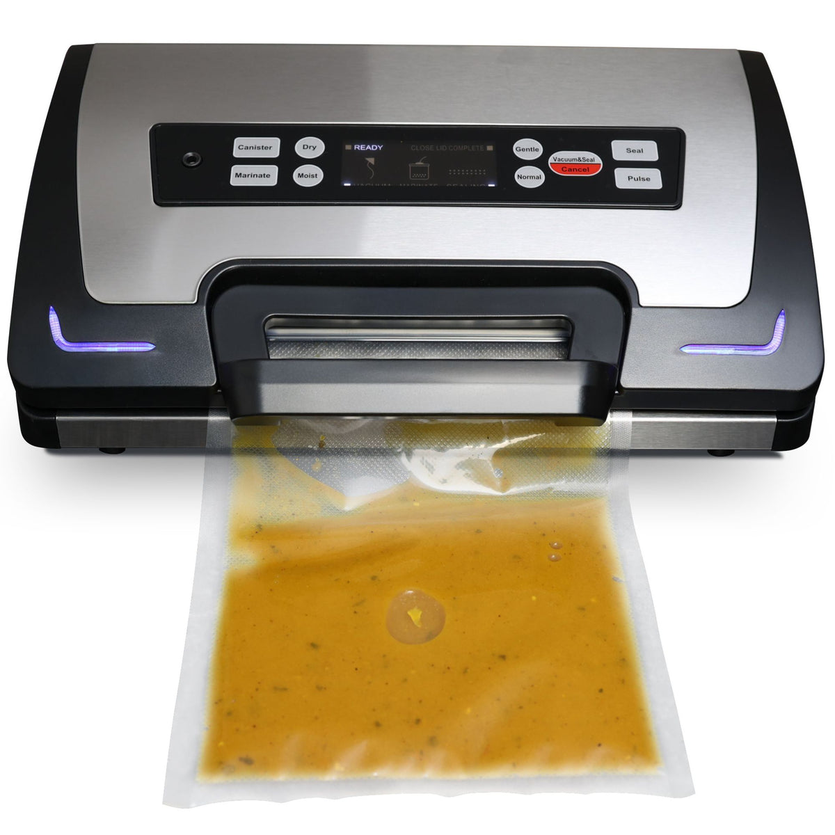 Liquid Capable Vacuum Sealer Cryovac Machine showing image of vacuum sealed liquid 