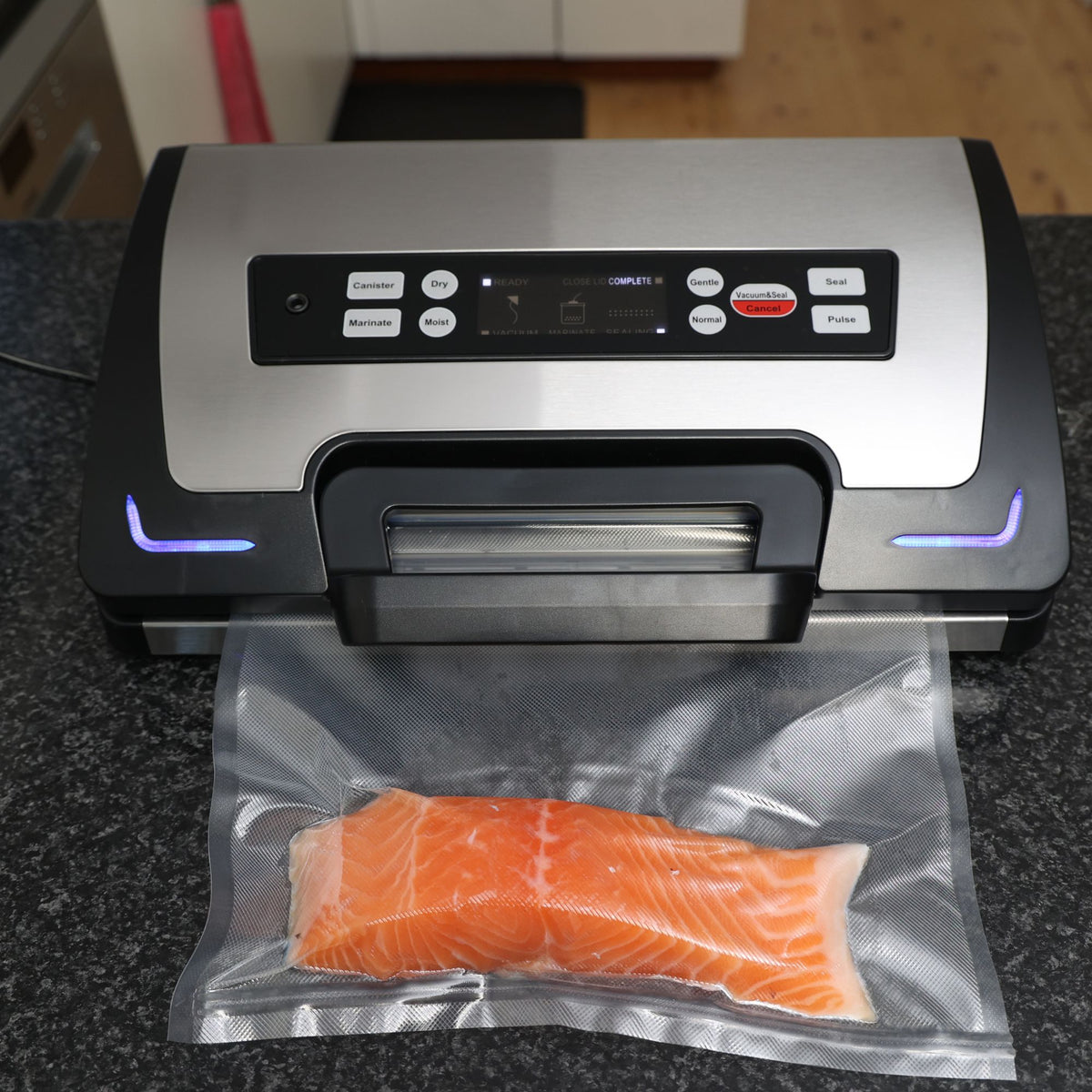 Vacuum Sealer Cryovac Machine Liquid Capable showing vacuum sealed salmon fillet.