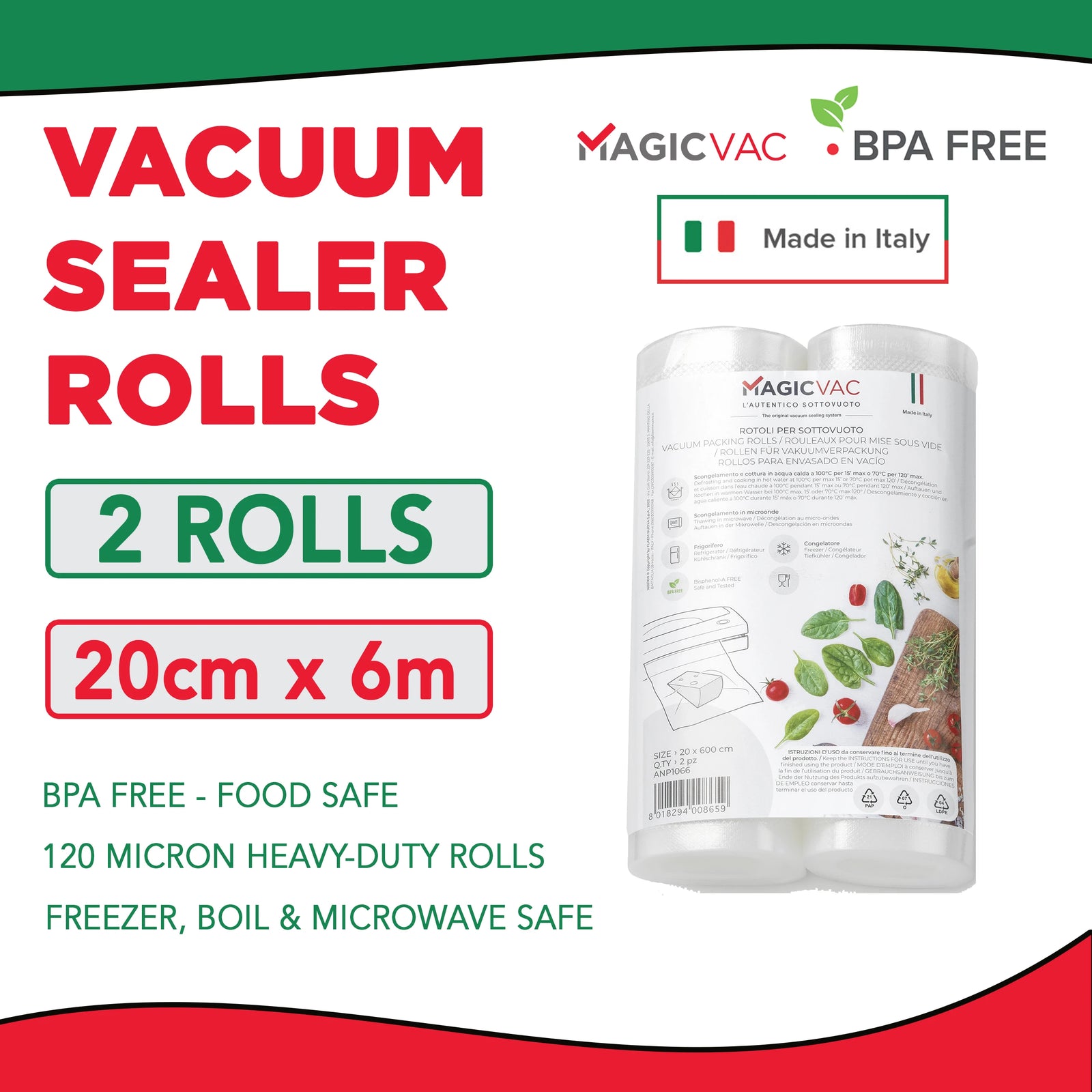 Magic Vac 20cm x 6m vacuum sealer rolls 2 pack made in Italy, 120 micron BPA-free rolls premium quality