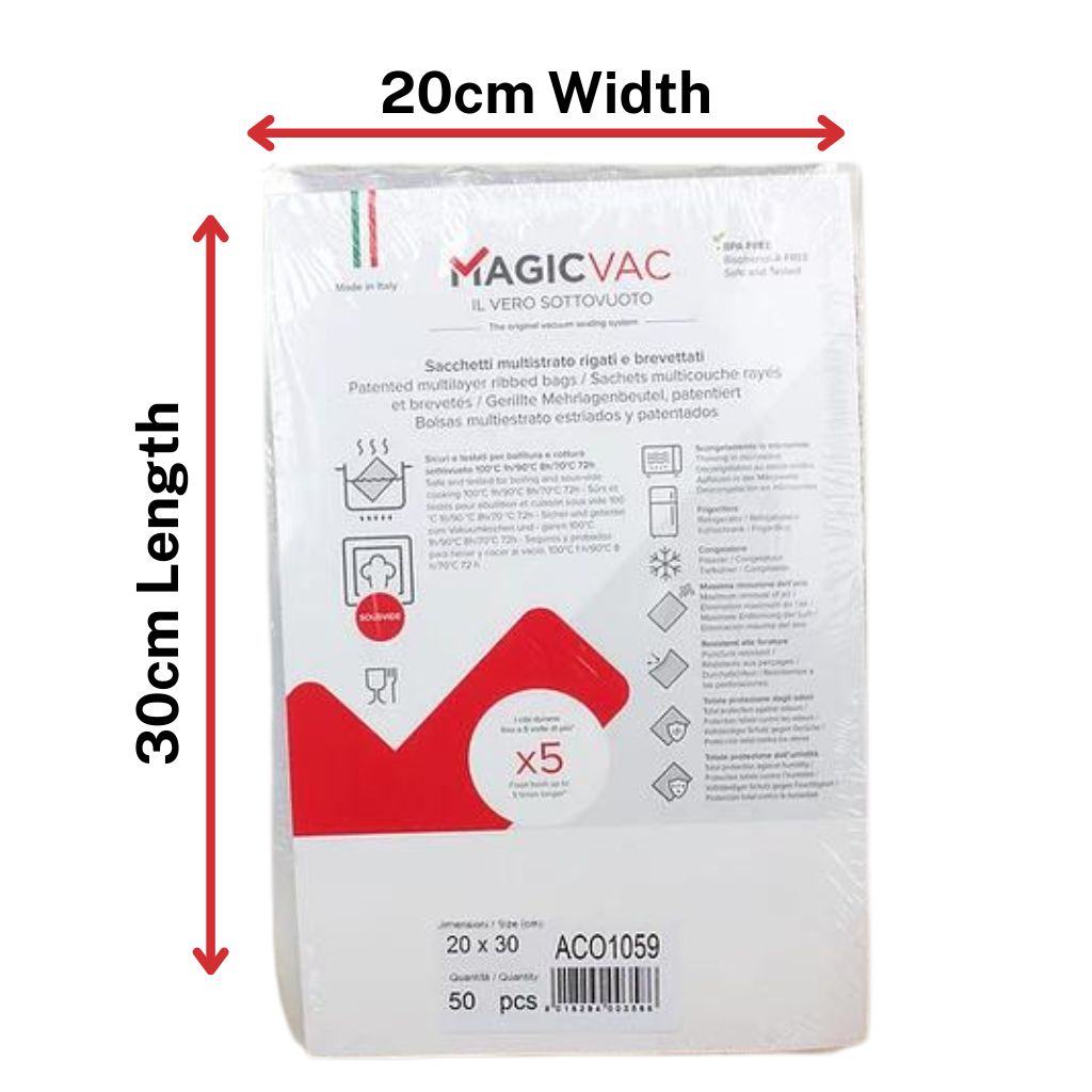 Magic Vac Vacuum Sealer Bags 20x30cm bags showing the wifth and length 240 micron made in Italy