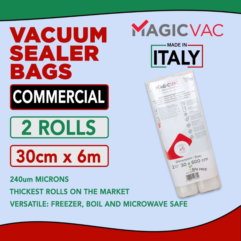 Magic Vac Vacuum Sealer Rolls 2 pack 30cm wide x 6metre in length 240 micron Made in Italy BPA Free