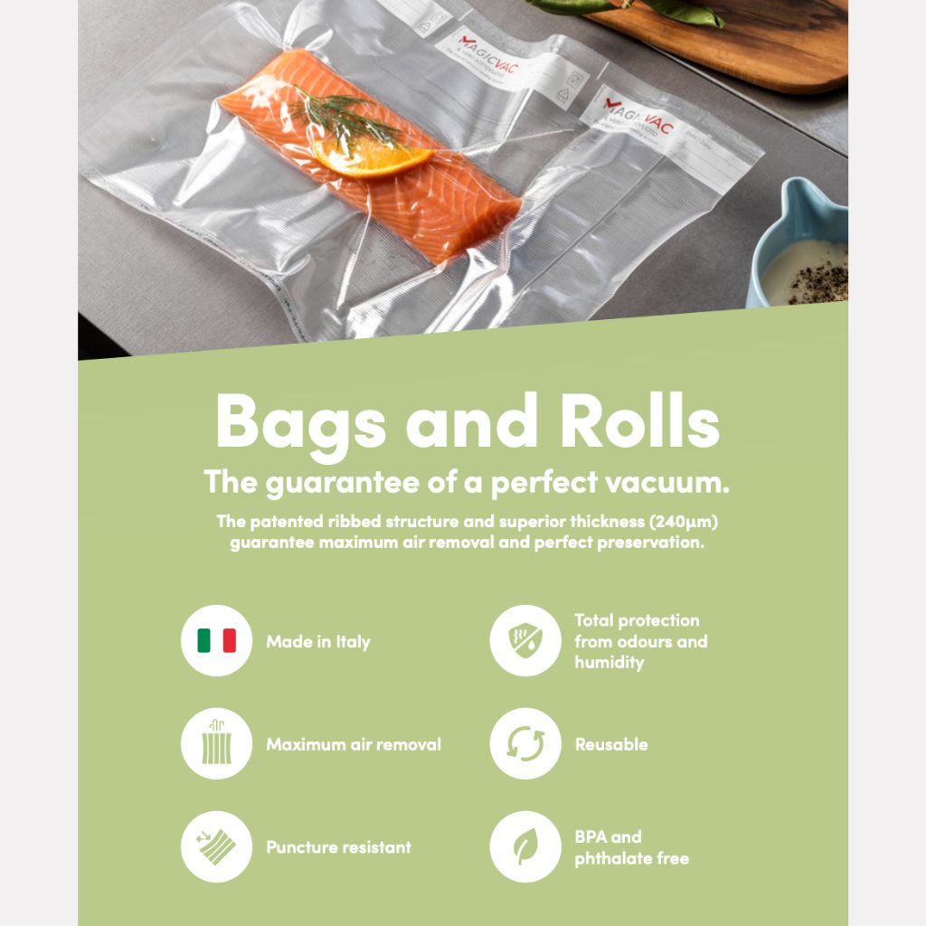 Magic Vac Vacuum Sealer Bags & ROlls Specfications show country of origin and features ade in Italy BPA Free