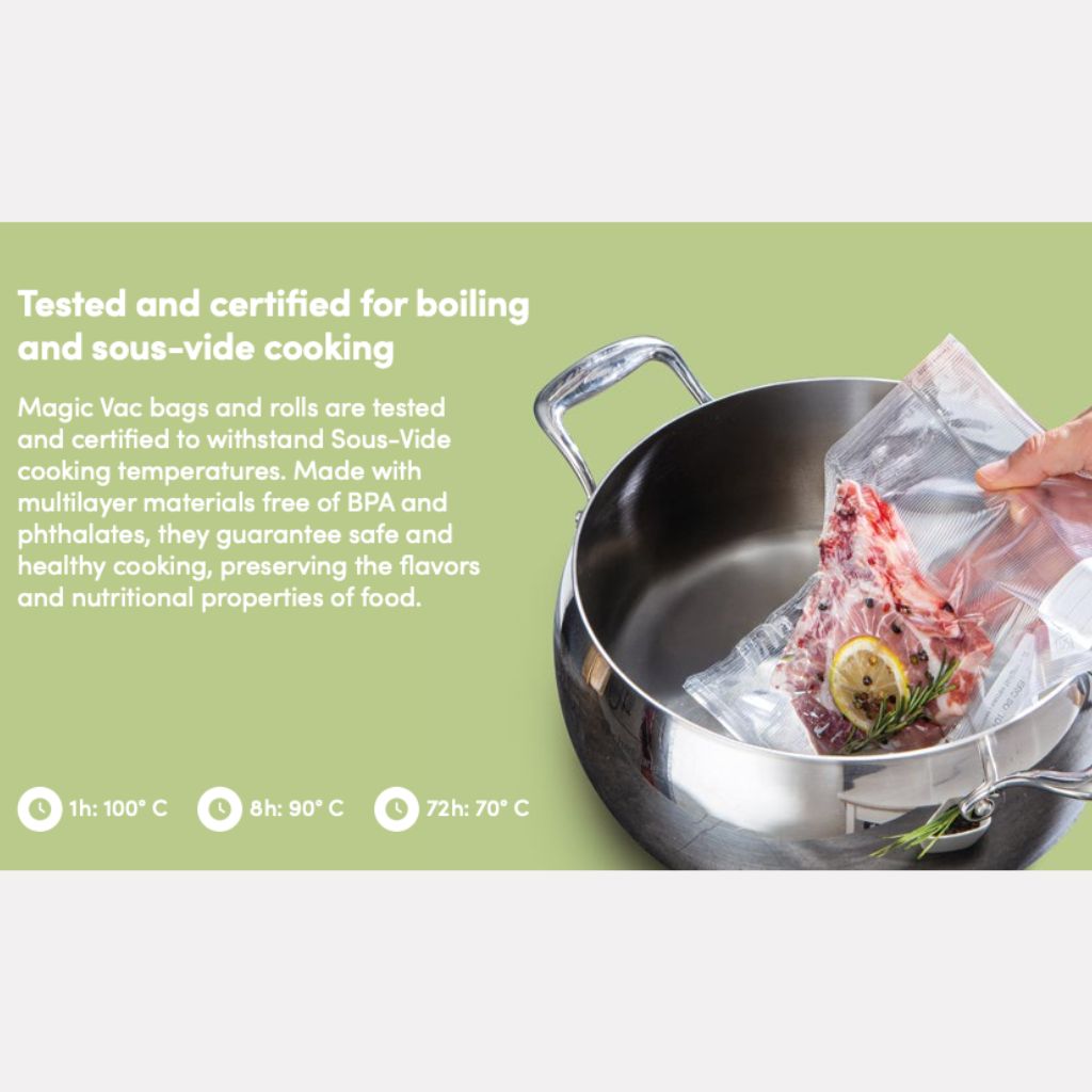 Magic Vac Vacuum Sealer Bags & Rolls showing the sous vide specifications and test and certified for boiling and sous vide ooking infographic