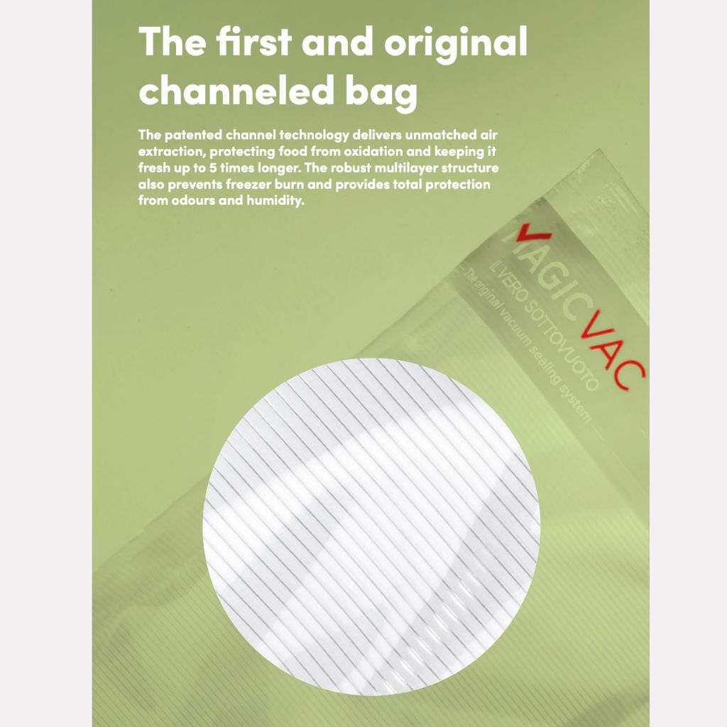Magic Vac Vacuum Sealed infographic showing the first and original channeled bag shows the patented channel technology 