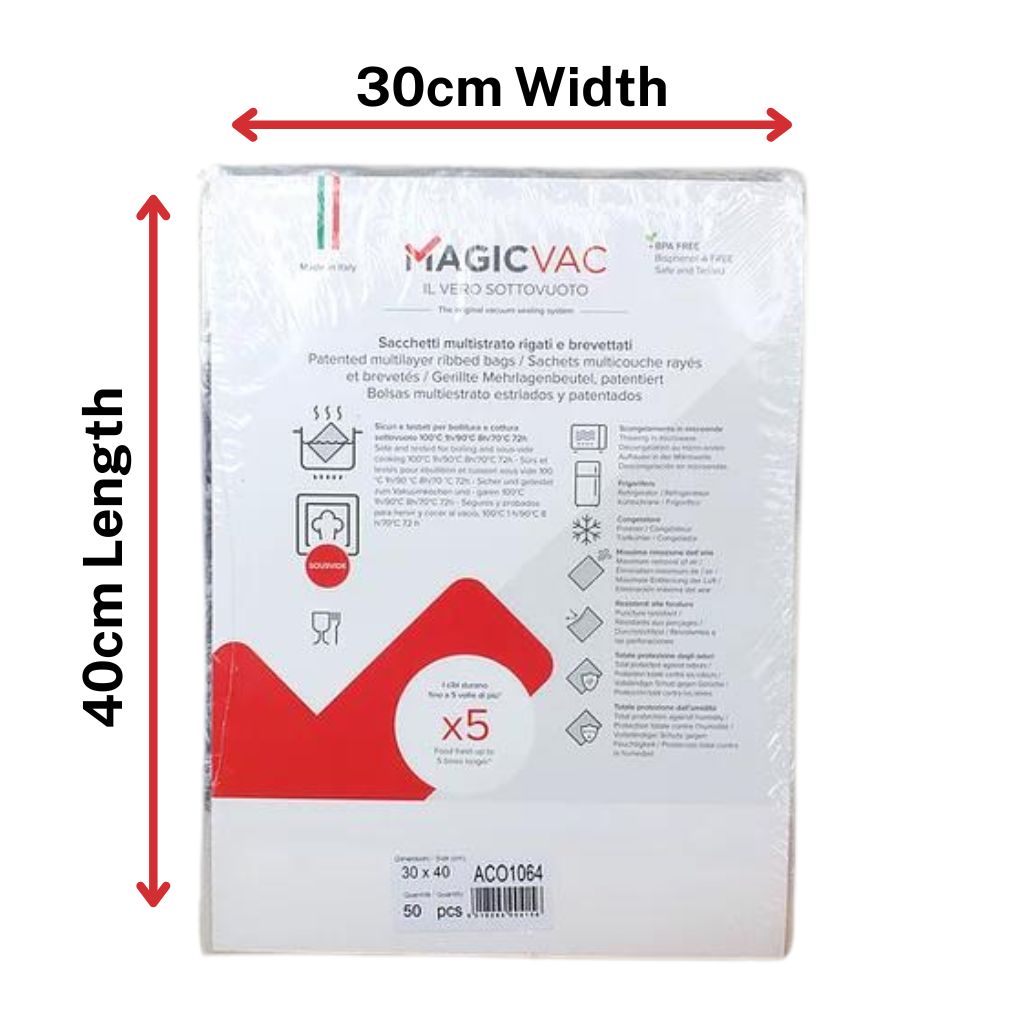 Magic Vac Vacuum Sealer Bags Showing the size 30cm wide x 40cm length commercial bags 240 micron Made in Italy
