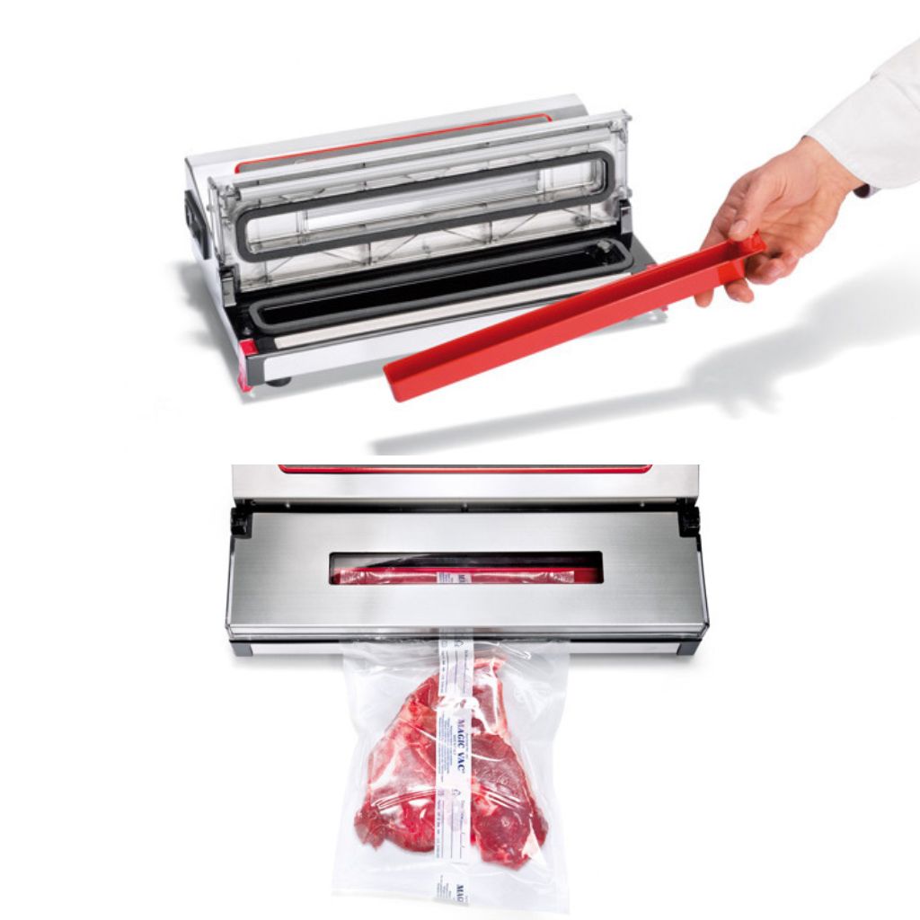 Magic Vac Jumbo 30 Evo showing removable drip tray and showing vacuum sealer meat with view window of the bag inside the vacuum sealer