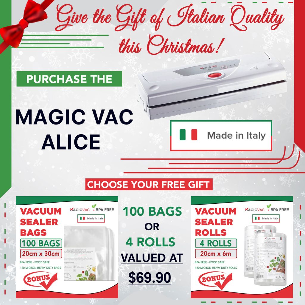 Magic Vac Alice Special Offer Buy the magic Vac ALice Vacuum Sealer and Recieve your choice of either 100 Bags 20x30cm or 4 rolls 20cmx6 each free valued at $69.90 Best saving online and best deal you will find.