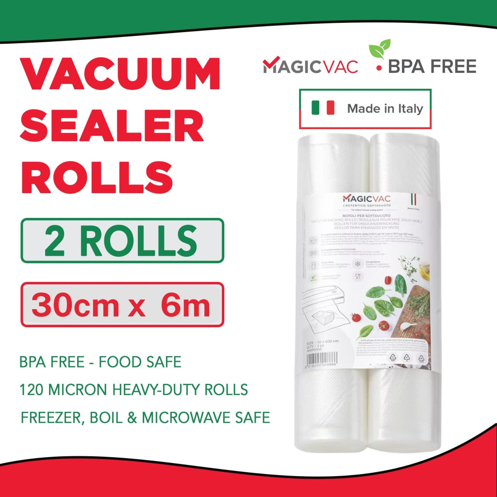 Magic Vac vacuum sealer rolls 30cm x 6m 2 pack made in Italy, heavy-duty 120 micron BPA-free embossed rolls