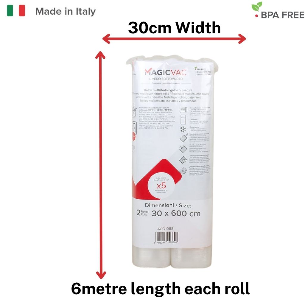 Magic Vac Vacuum Sealed Rolls 30cm x 6metre showing dimensions. BPA Free Made in ITaly 240 Micron