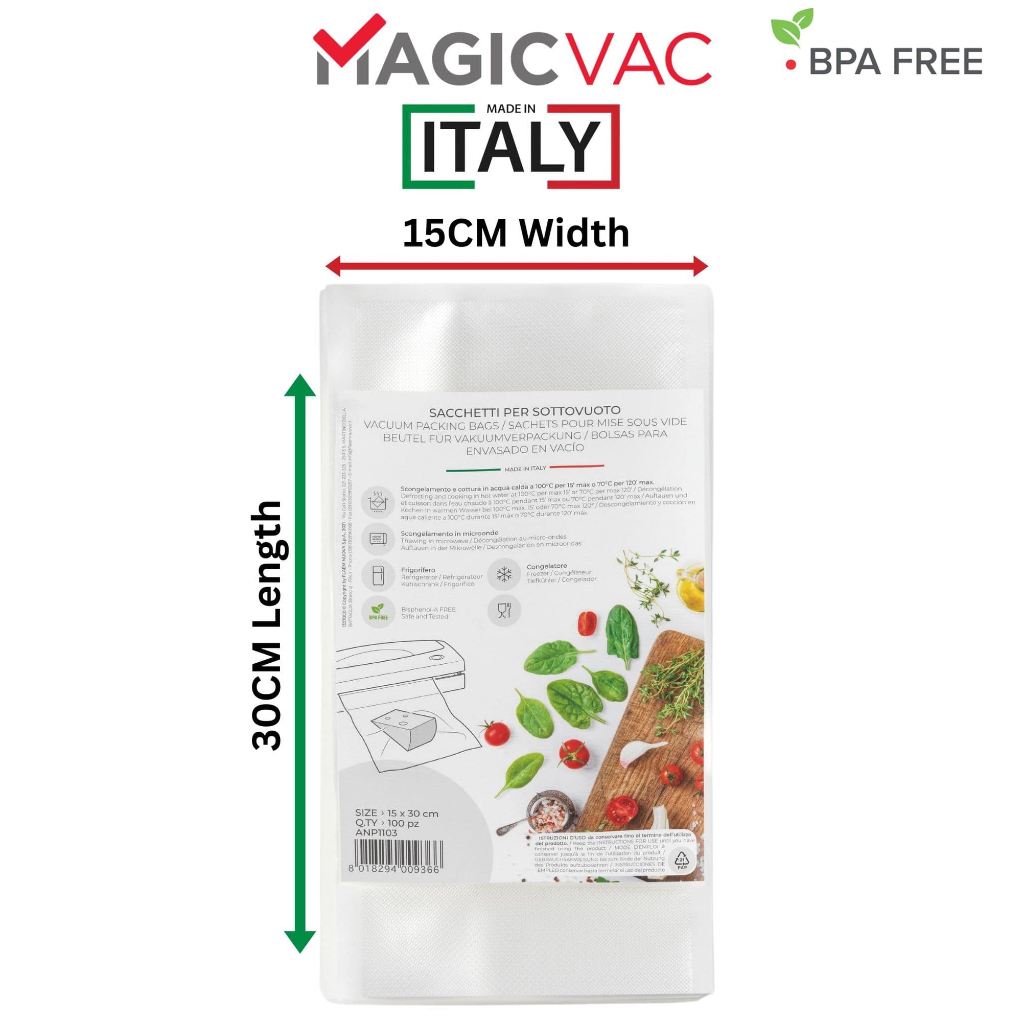 Magic Vac Vacuum Sealer Bags 15x30cm size 100 bags per pack. Made in Italy 120 Micron, Heavy Duty, BPA Free. Image shows size of the bag 15cm Width x 30cm Length.  Buy More and Save More. Sous Vide Chef Your Online Shop for Premium Quality Vacuum Sealer Bags and Rolls. 