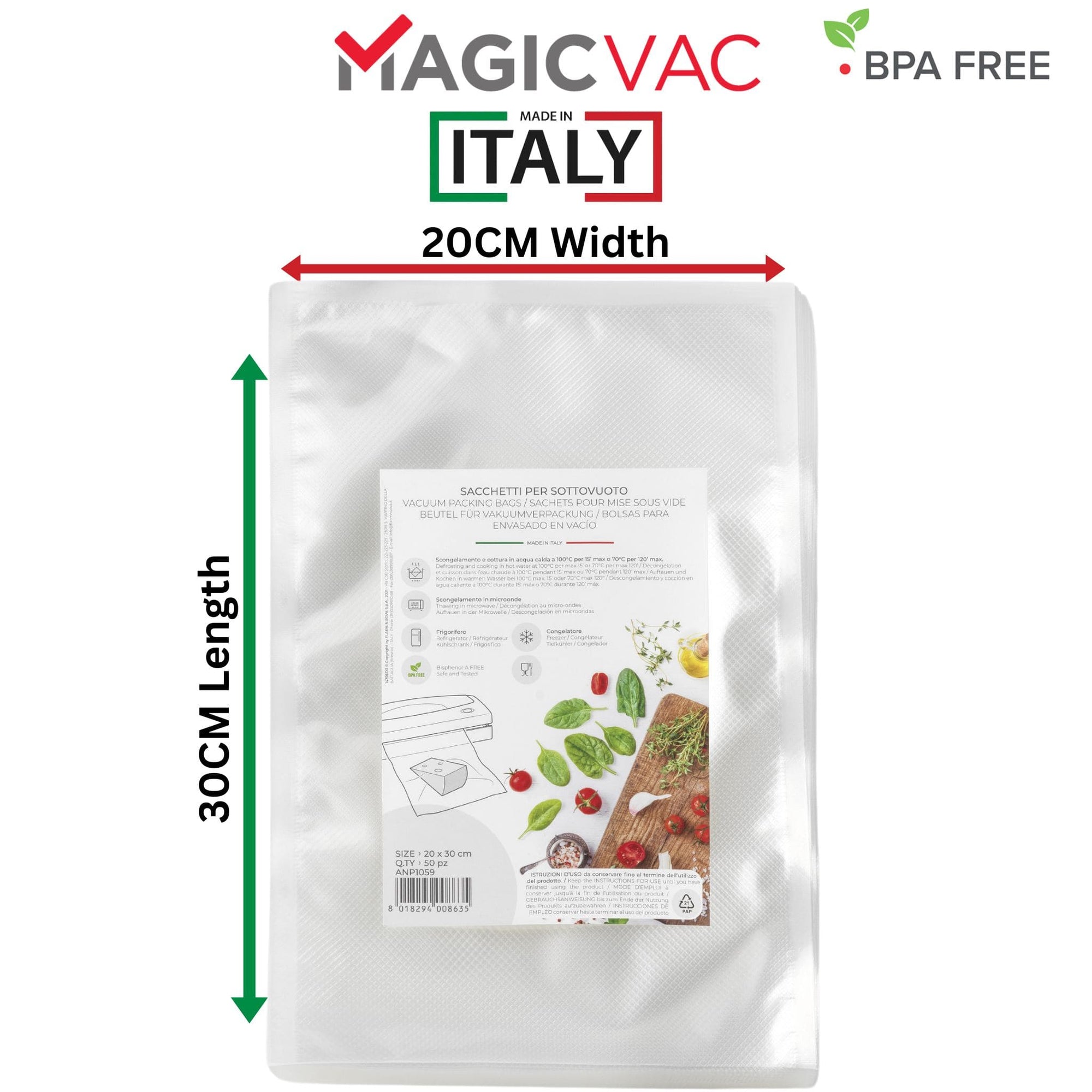 Magic Vac Vacuum Sealer Bags 20x30cm size 50 bags per pack. Made in Italy 120 Micron, Heavy Duty, BPA Free. Image shows size of the bag 20cm Width x 30cm Length.  Buy More and Save More. Sous Vide Chef Your Online Shop for Premium Quality Vacuum Sealer Bags and Rolls. 