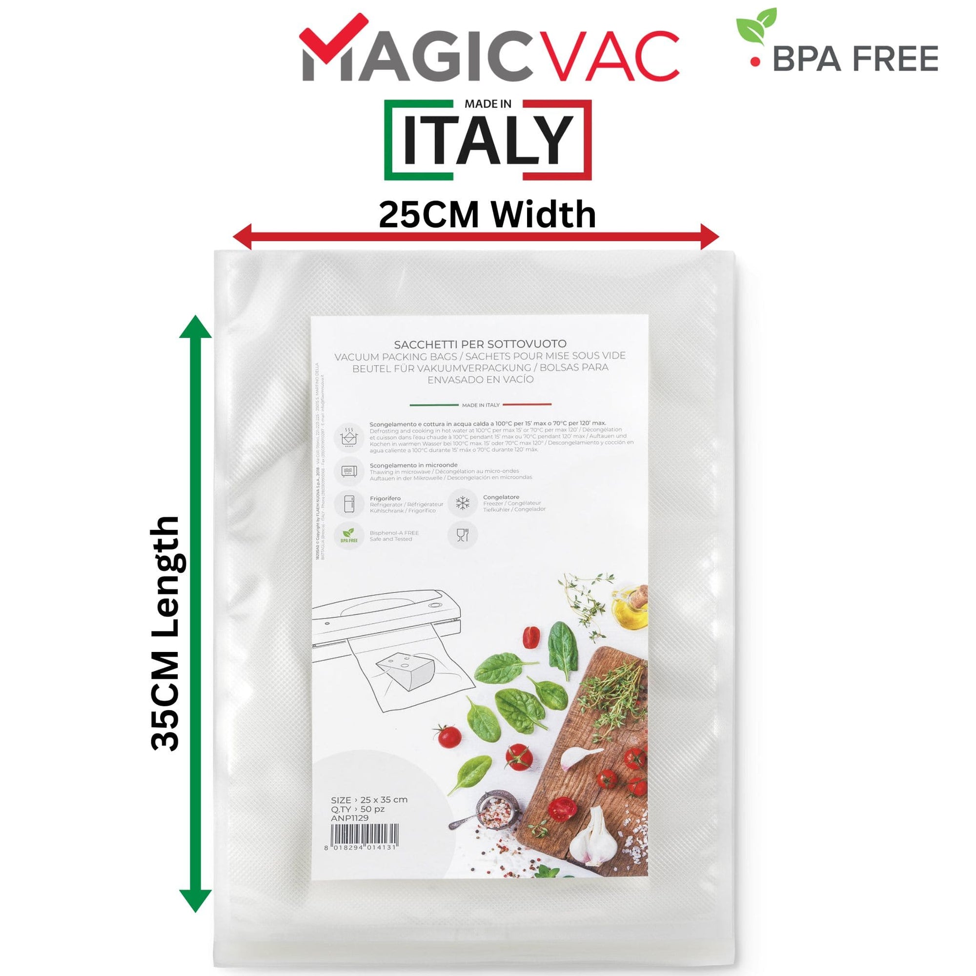Magic Vac Vacuum Sealer Bags 20x30cm size 50 bags per pack. Made in Italy 120 Micron, Heavy Duty, BPA Free. Image shows size of the bag 25cm Width x 35cm Length.  Buy More and Save More. Sous Vide Chef Your Online Shop for Premium Quality Vacuum Sealer Bags and Rolls. 