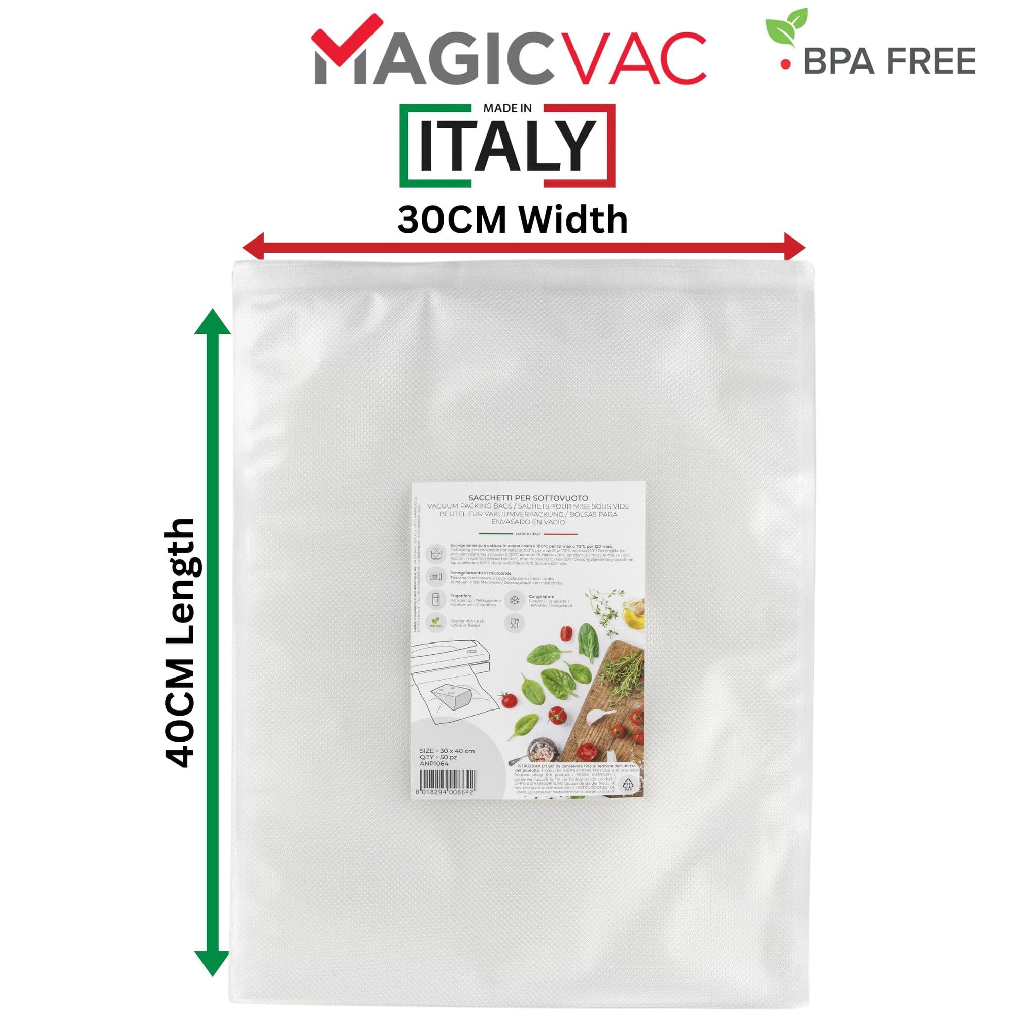 Magic Vac Vacuum Sealer Bags 30x40cm size 50 bags per pack. Made in Italy 120 Micron, Heavy Duty, BPA Free. Image shows size of the bag 30cm Width x 40cm Length.  Buy More and Save More. Sous Vide Chef Your Online Shop for Premium Quality Vacuum Sealer Bags and Rolls. 