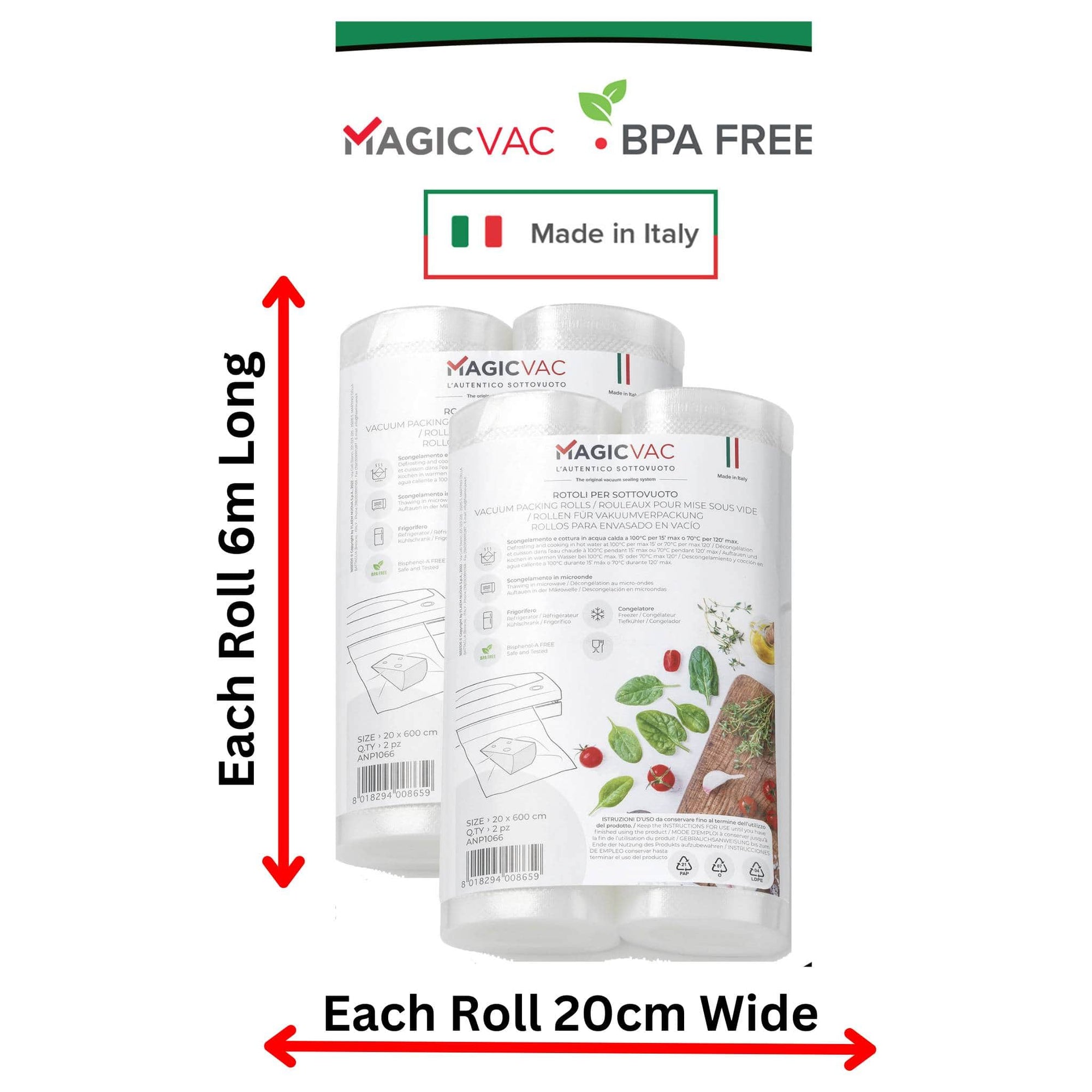 Magic Vac Vacuum Sealer Rolls BPA FREE Showing side of rolls 20cm wide each roll in 6metres in length per roll total 24 metres Made in Italy.