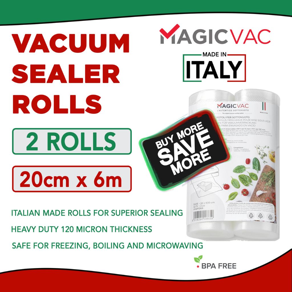 Magic Vac Vacuum Sealer Rolls 2 Pack Each Roll 20cm Width x 6Metre Length. Made in Italy 120 Micron, Heavy Duty, BPA Free. Buy More and Save More. Sous Vide Chef Your Online Shop for Premium Quality Vacuum Sealer Bags and Rolls. 