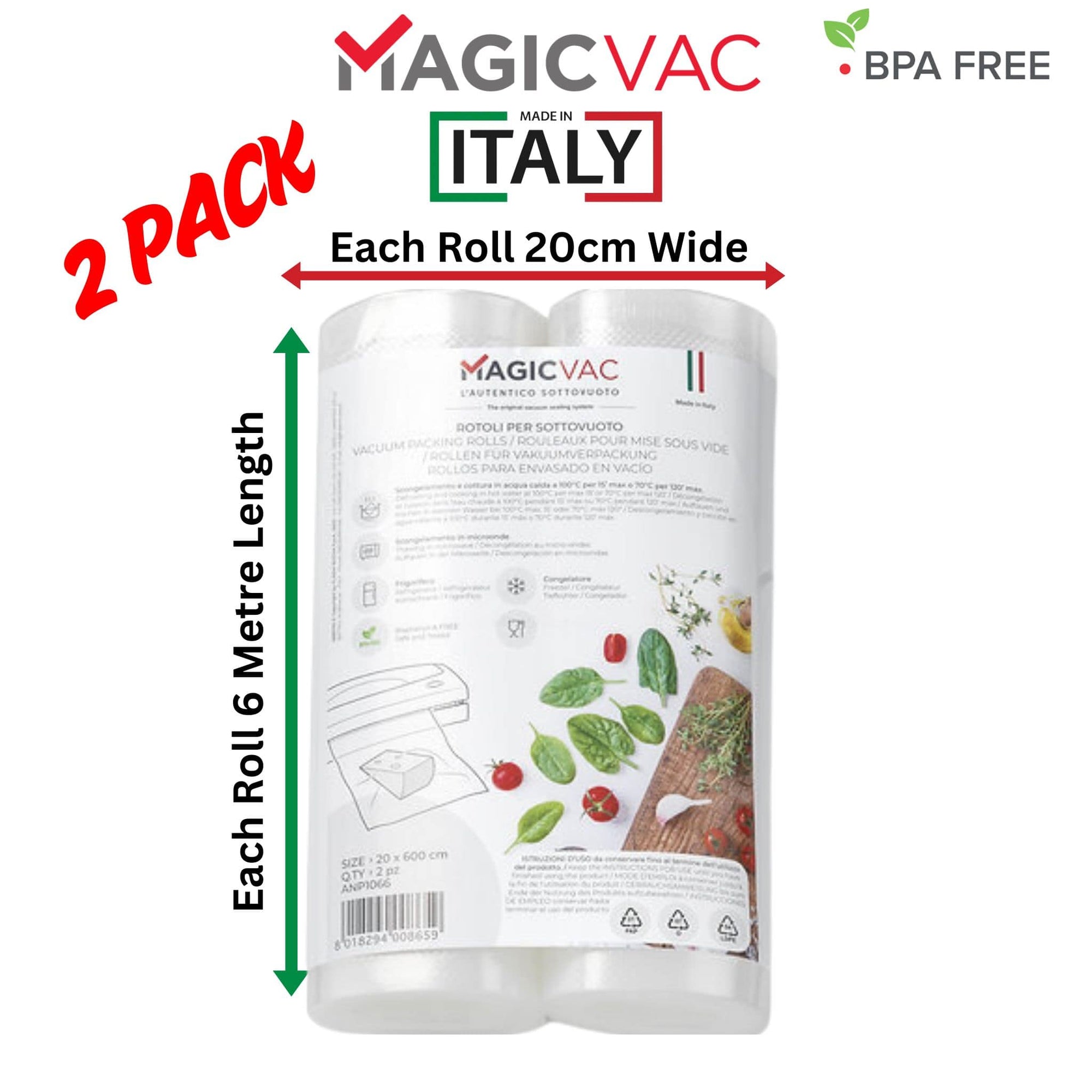 Magic Vac Vacuum Sealer Rolls 20cm x6 Metre 2 Pack. Made in Italy 120 Micron, Heavy Duty, BPA Free. Image shows size of the roll size 20cm Wide x 6 Metre in Length.  Buy More and Save More. Sous Vide Chef Your Online Shop for Premium Quality Vacuum Sealer Bags and Rolls. 