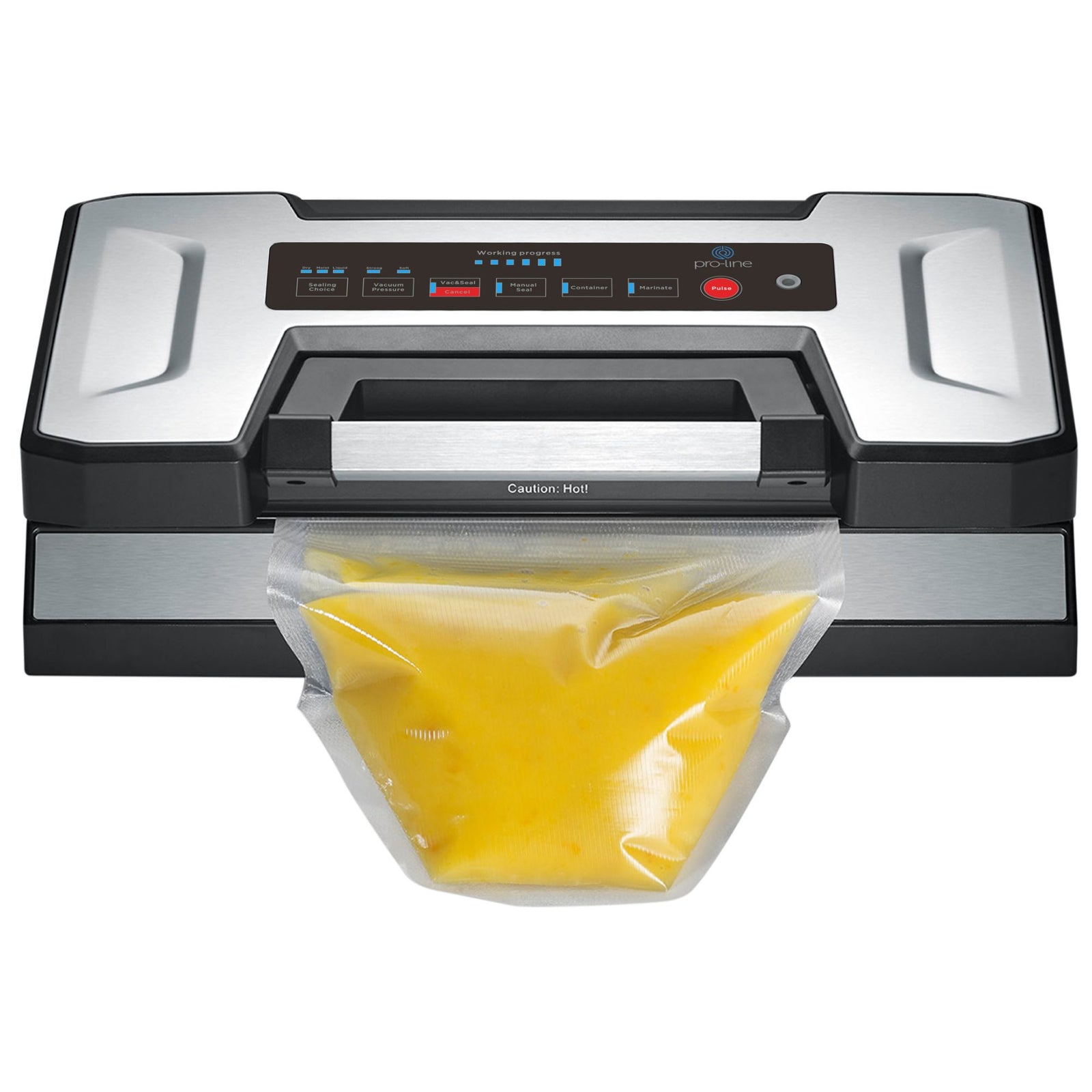 Pro-line VS-C4L Liquid Ready Vacuum Sealer in use, sealing a bag of liquid food with sensor technology.