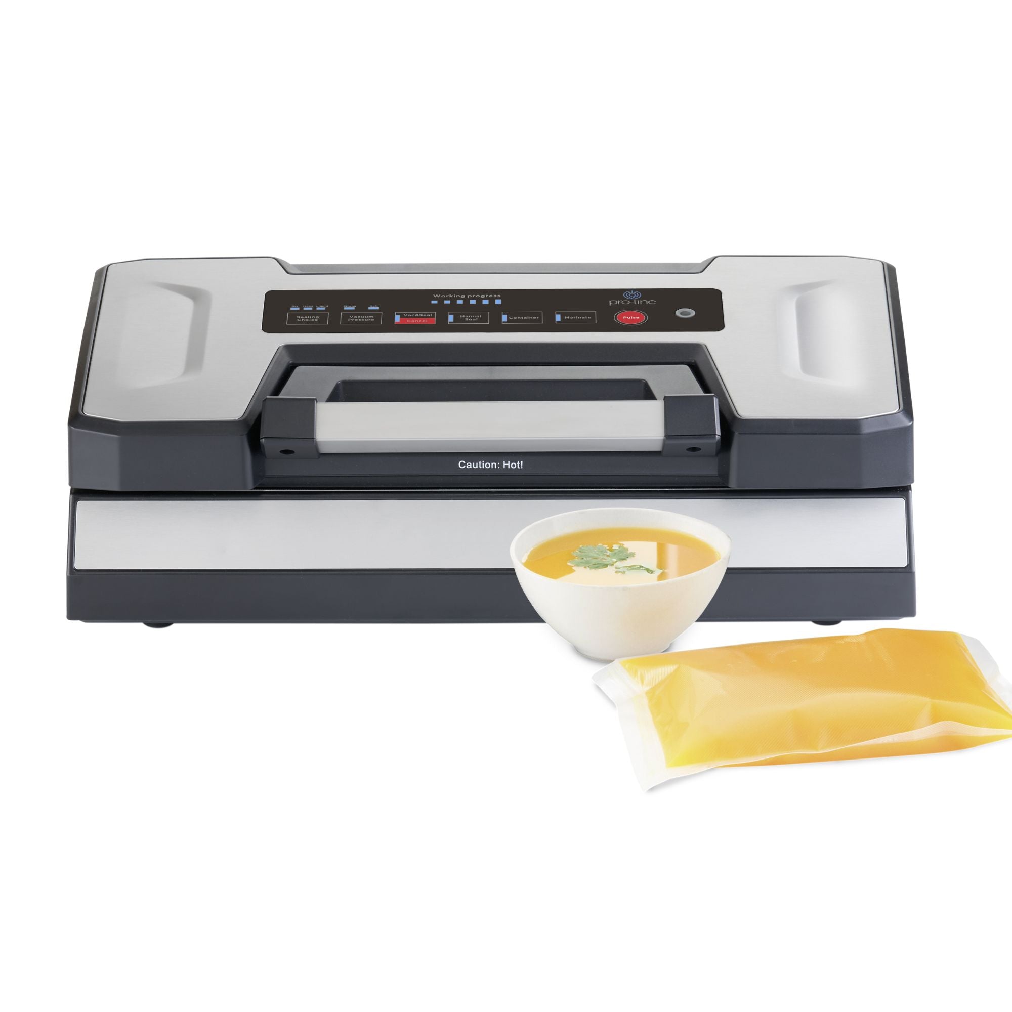 Pro-line VS-C4L Liquid Ready Vacuum Sealer sealing soup in a bag, with bowl of soup beside machine.