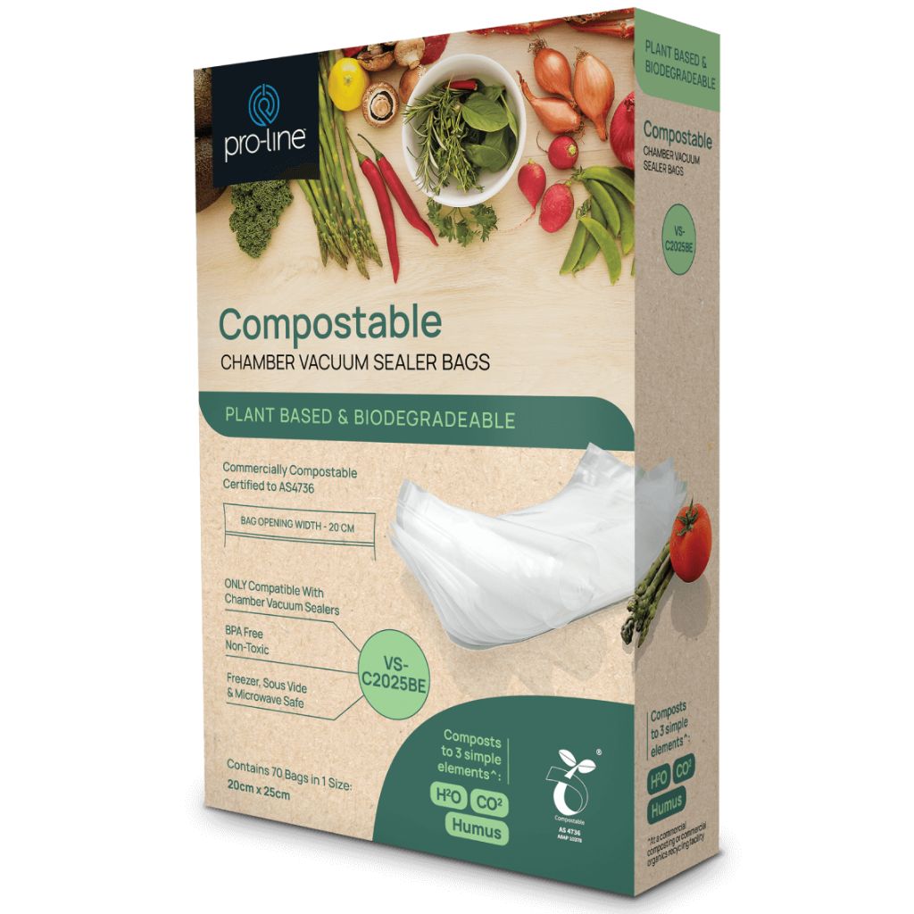 Pro-line compostable chamber vacuum sealer bags 20cm x 25cm, 70 pack, made from plant-based biodegradable materials and certified commercially compostable to AS 4736