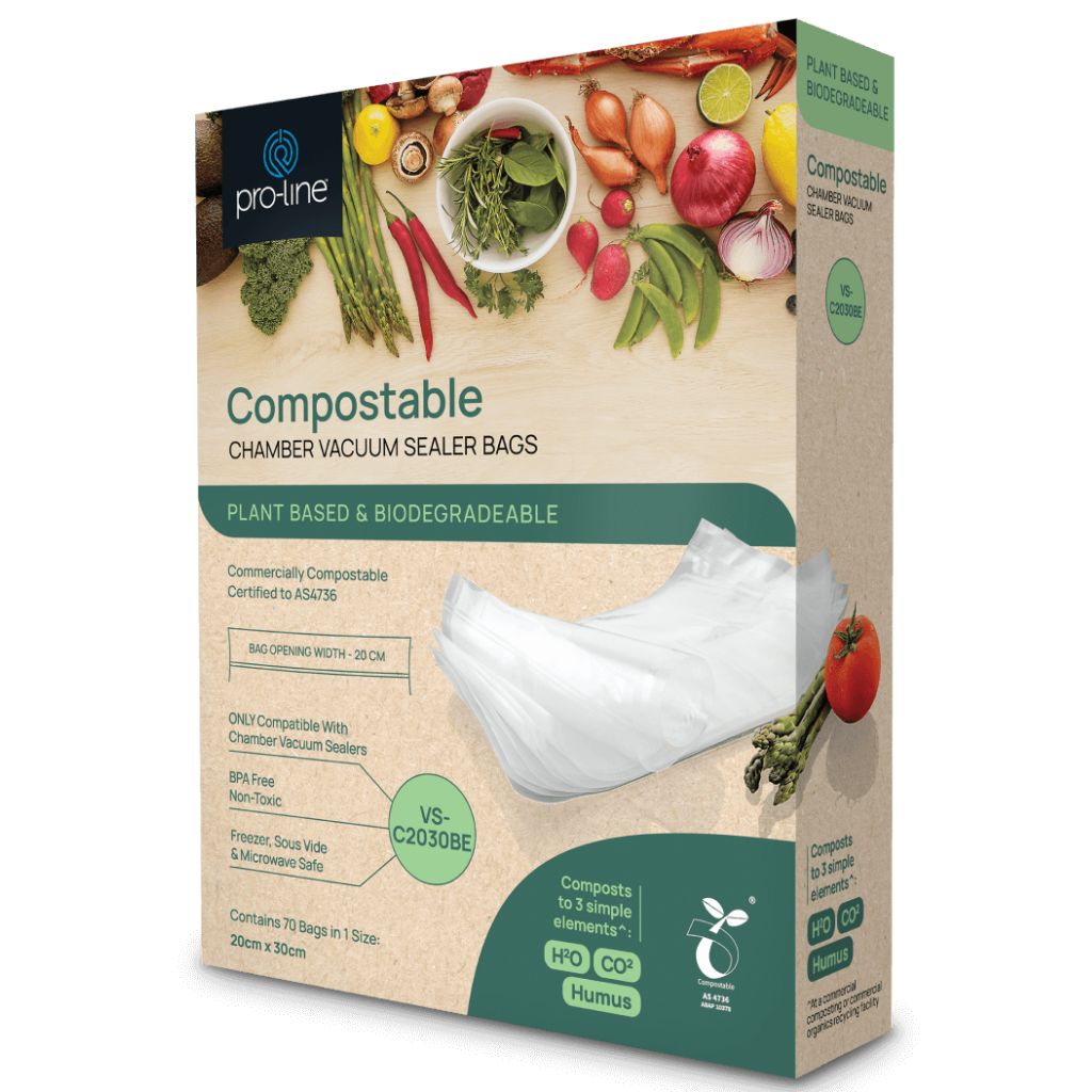 Pro-line compostable chamber vacuum sealer bags 20cm x 30cm, 70 pack, made from plant-based biodegradable materials and certified commercially compostable to AS 4736