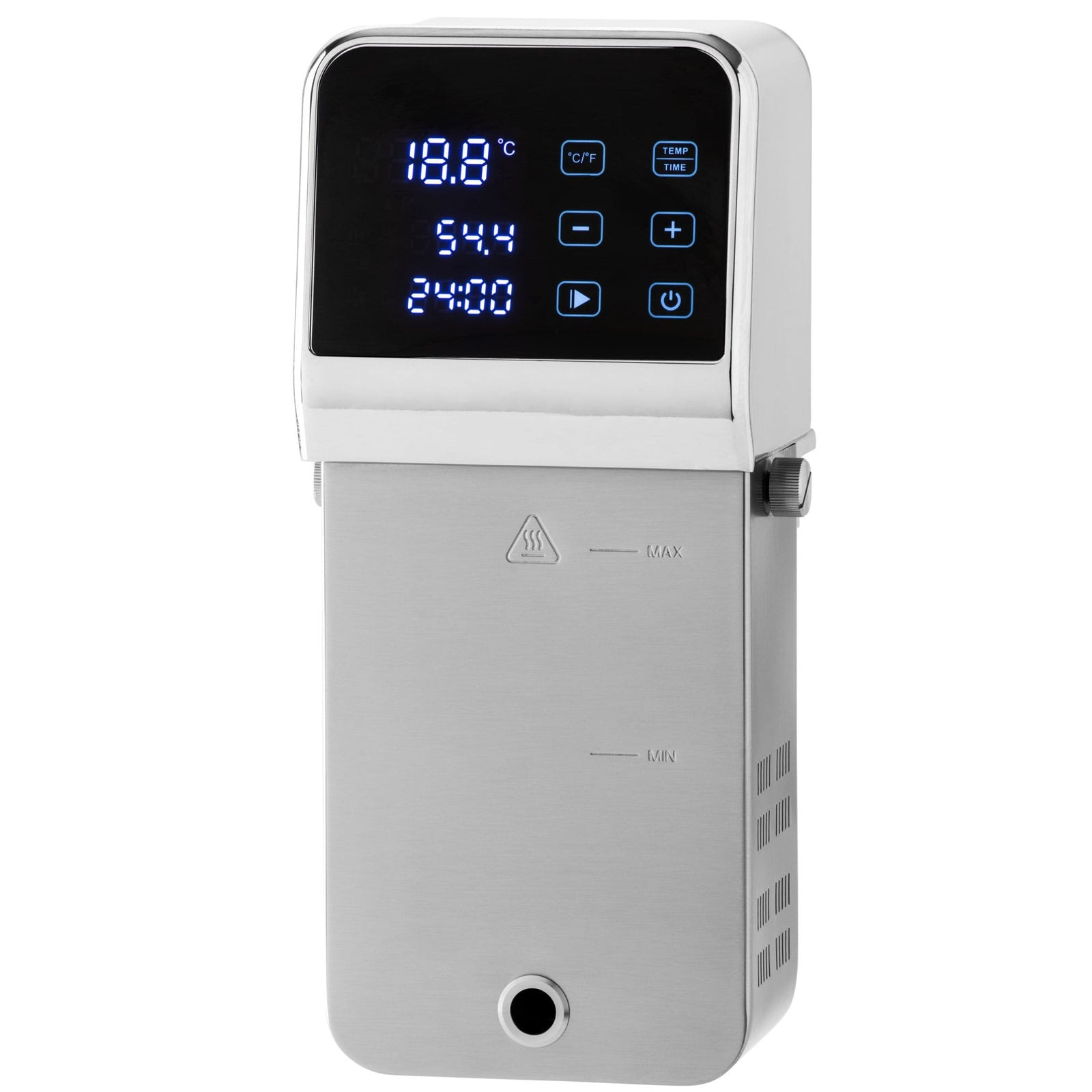 Pro-line SV-C2 Sous Vide Machine Sous Vide Immersion CIruclator Precision Cooker Showing Side on View of contrlol panel showing current  temperature,  temperature its to reach and time remaining also showing font control buttons and casing with Min and Max water level