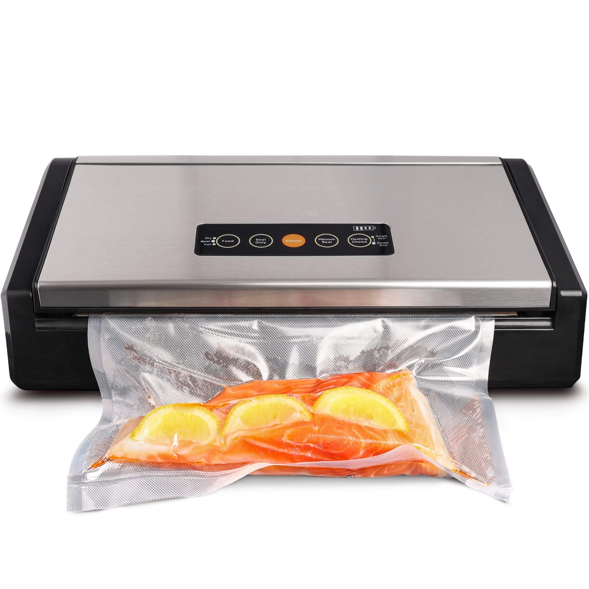 Pro-line VS-B2 Cordless Vacuum Sealer Cryovac Machine Showing Front on Machine with Vacuum Sealed Salmon