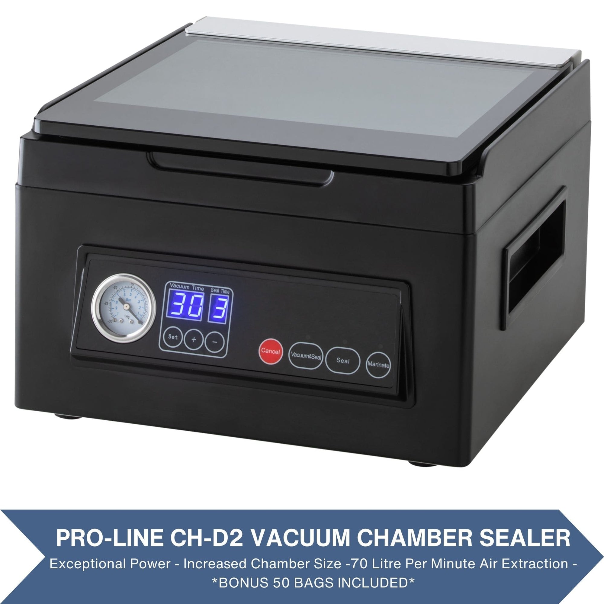 Pro-line VS-CHD2 Vacuum Chamber Sealer Cryovac Machine Front on View with Lid Closed Showing 50 Free Vacuum Sealer Bags INcluded.
