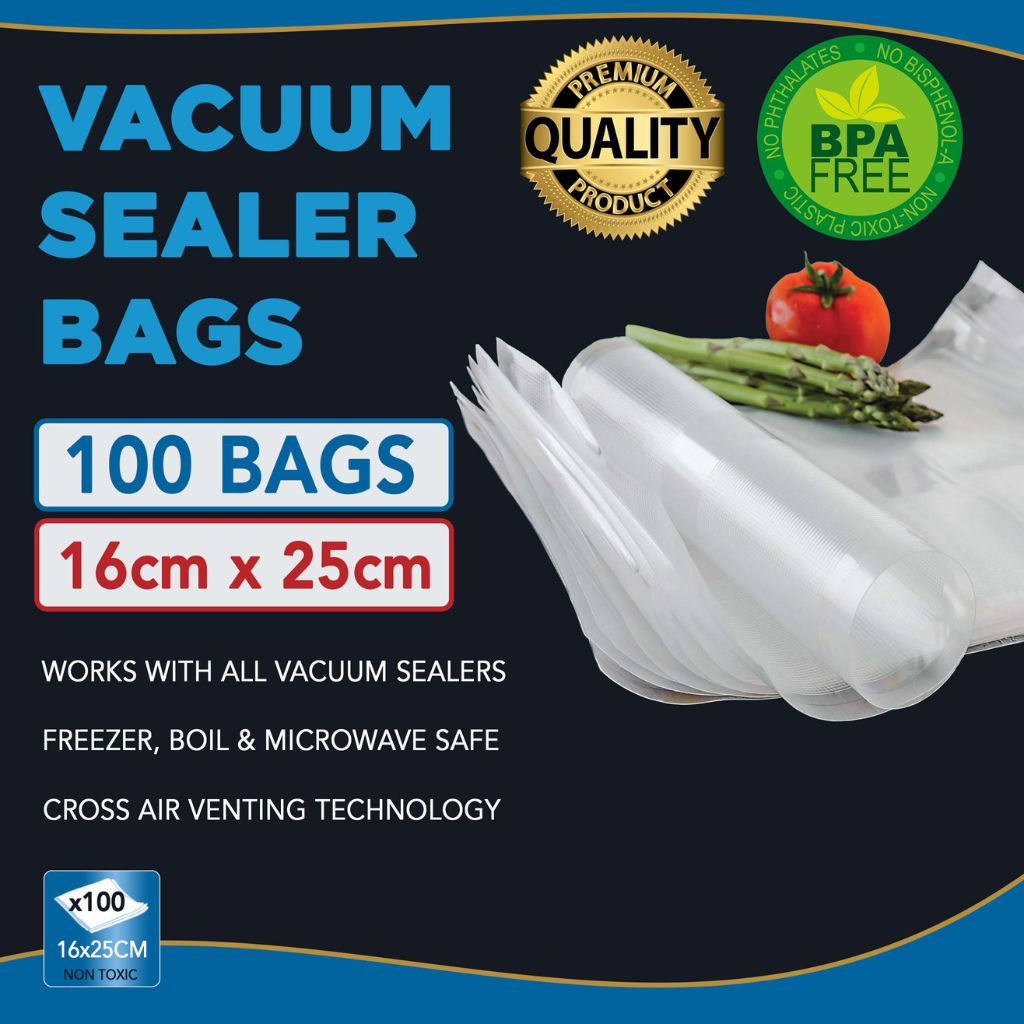 Vacuum Sealer Bags Cryovac Machine Bags 16cm wide x 25cm length Heavy Duty Thick 150m Microns 100 Pack