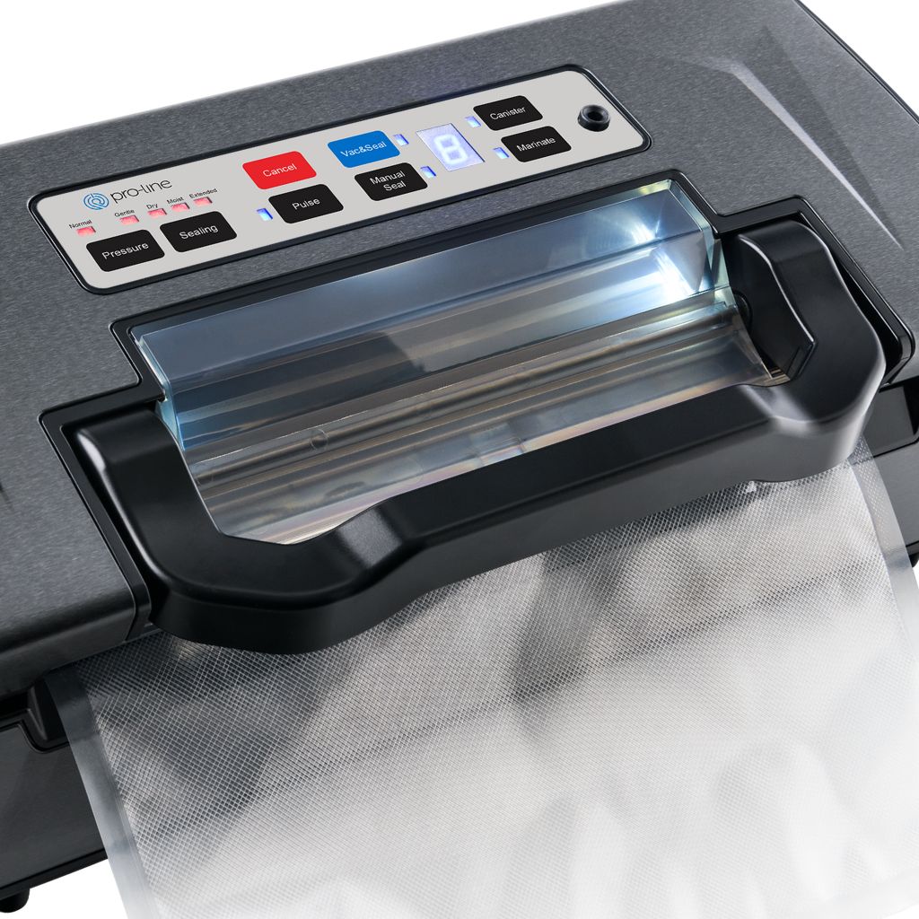 Pro-line C1-1 Vacuum Sealer Cryovac MAchine show machine close up of control panel with lid closed showing internal light and vacuum sealer bag in the machine.
