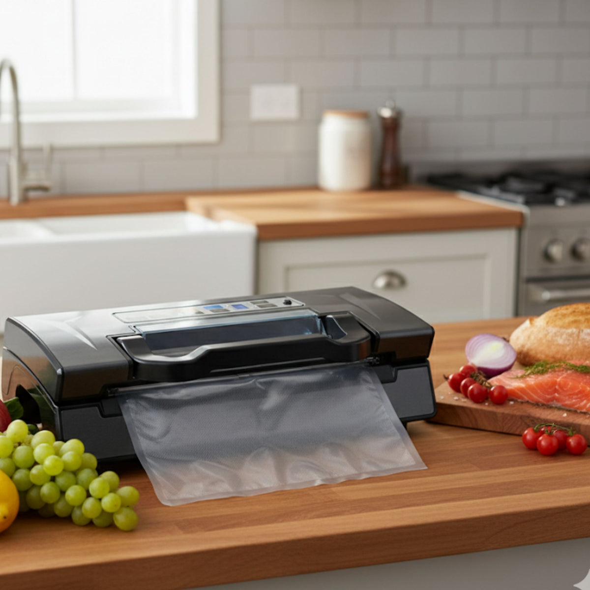 Pro-line C1-1 Vacuum Sealer Cryovac Machine Pictured in Kitchen surround by fresh vegetable fish and meat 