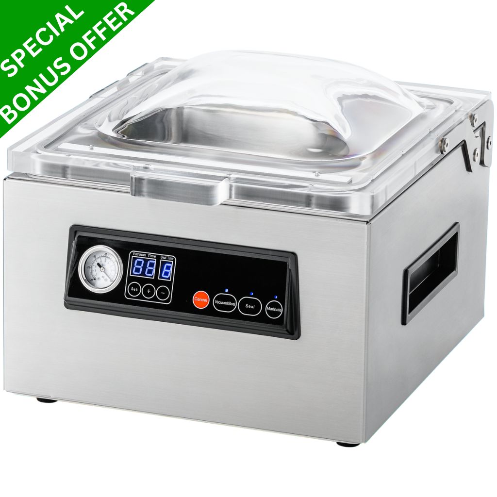 Pro-line CH3 vacuum chamber sealer cryovac machine with special bonus offer including vacuum chamber bags filler plates spare parts.