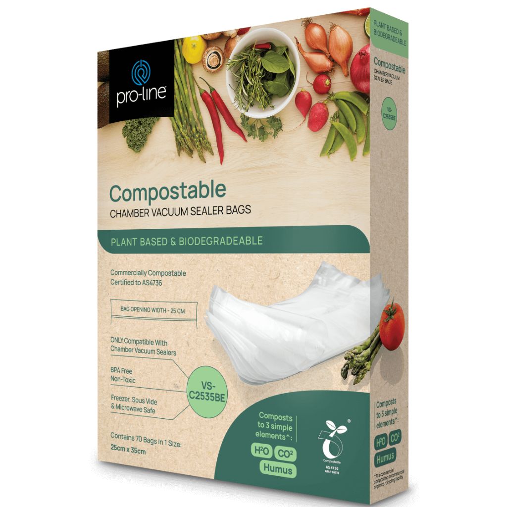 Pro-line compostable chamber vacuum sealer bags 25cm x 35cm, 70 pack, made from plant-based biodegradable materials and certified commercially compostable to AS 4736