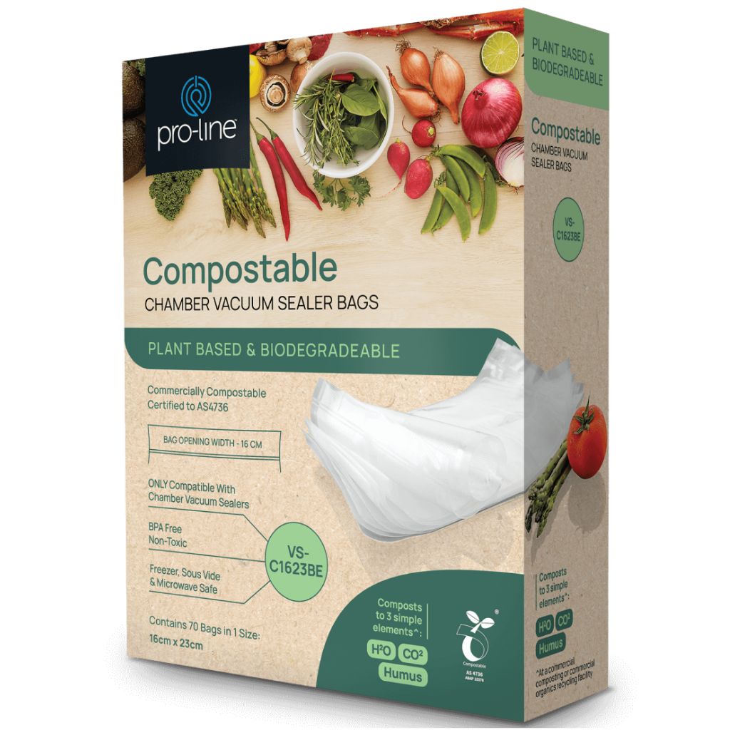 Pro-line compostable chamber vacuum sealer bags 16cm x 23cm, 70 pack, made from plant-based biodegradable materials and certified commercially compostable to AS 4736