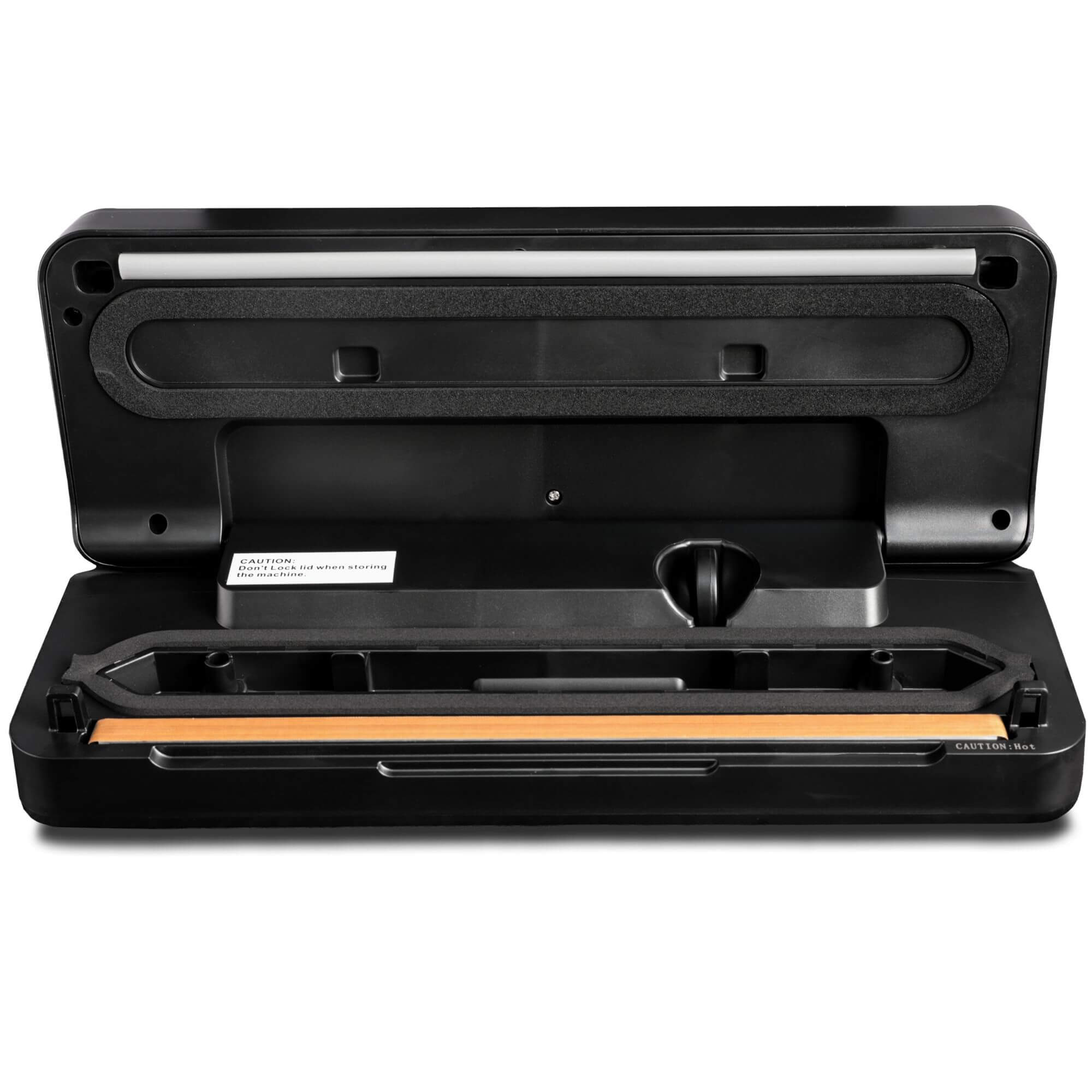 Pro-line VS-B1 Cordless Vacuum Sealer Cryovac Macine Portable & Rechargeable Showing Lid Open showing heat seal bar, gaskets, drip tray and roll cutter 