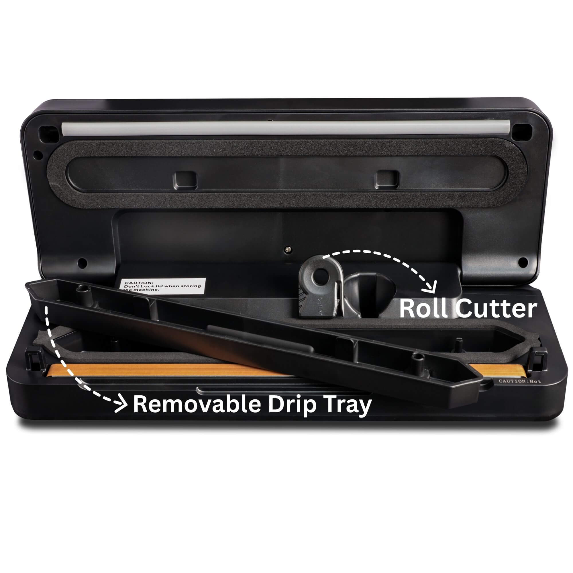 Pro-line VS-B1 Cordless Vacuum Sealer Cryovac Machine Portable & Rechargeable Showing Lid Open with Removeable Drip and Roll Cutter