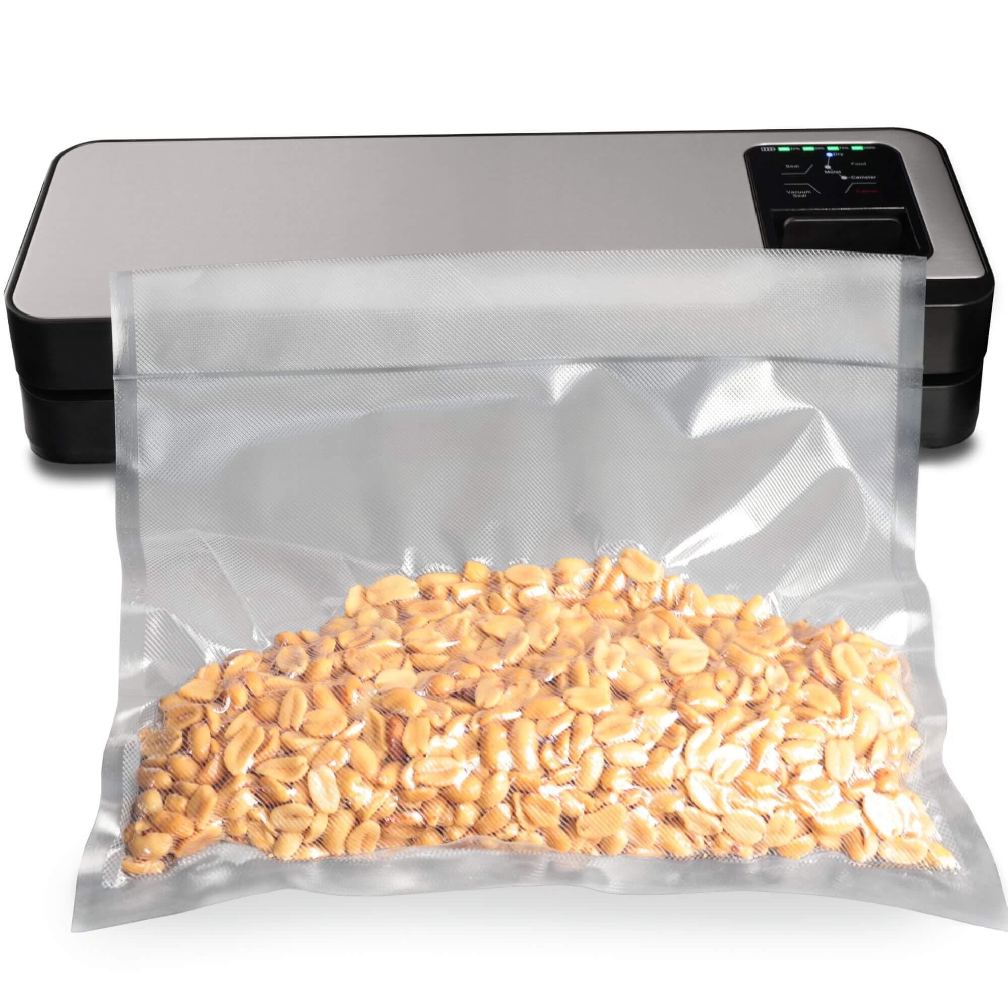 Pro-line VS-B1 Cordless Vacuum Sealer Cryovac Machine Rechargeable & Portable Showing Vacuum Sealed Peanuts in front of the vacuum sealer showing single seal bag air extracted 