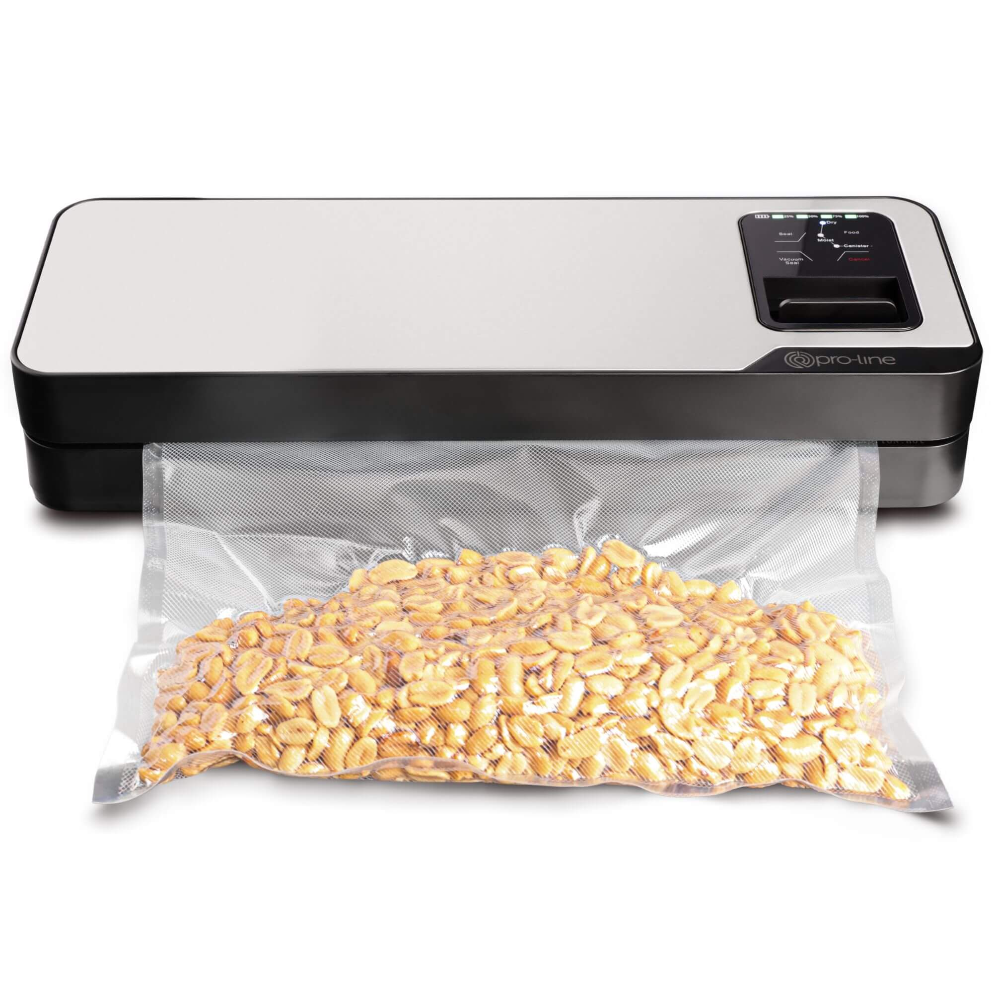 Pro-line VS-B1 Cordless Vacuum Sealer Cryovac Machine Portable & Rechargeable Showing vacuum sealed peanuts in vacuum sealer