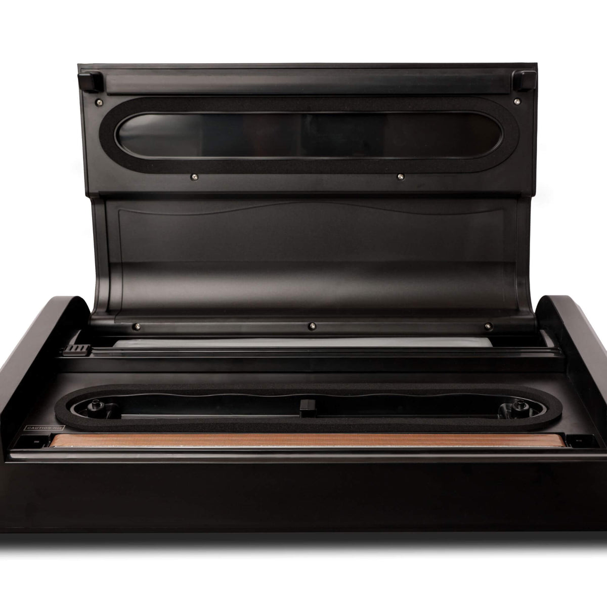 Pro-line VS-B2 Cordless Vacuum Sealer Porable &amp; Rechargeable Showing Lid Open can see heat seal bar, drip tray, roll holder and cutter gaskets 