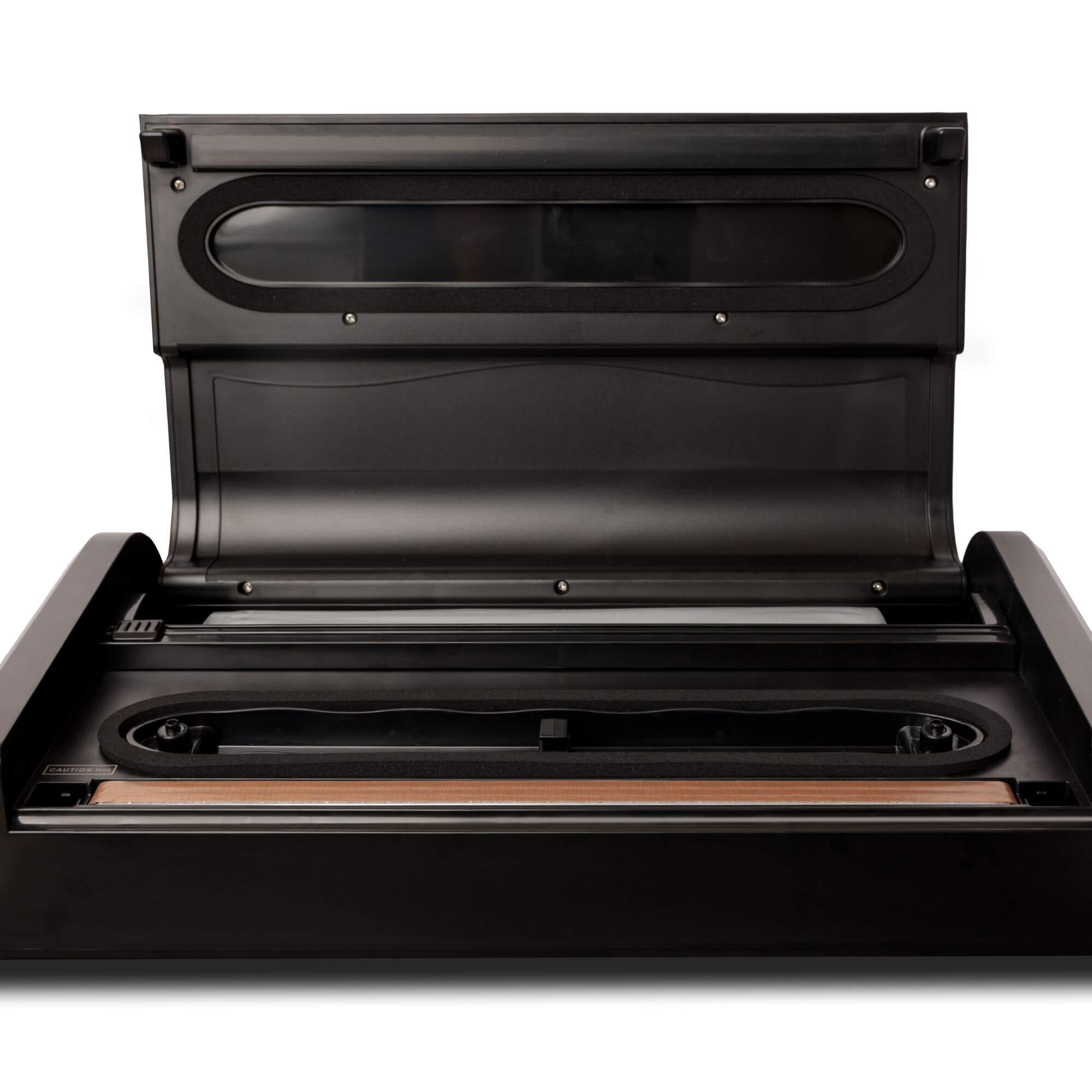 Pro-line VS-B2 Cordless Vacuum Sealer Porable & Rechargeable Showing Lid Open can see heat seal bar, drip tray, roll holder and cutter gaskets 