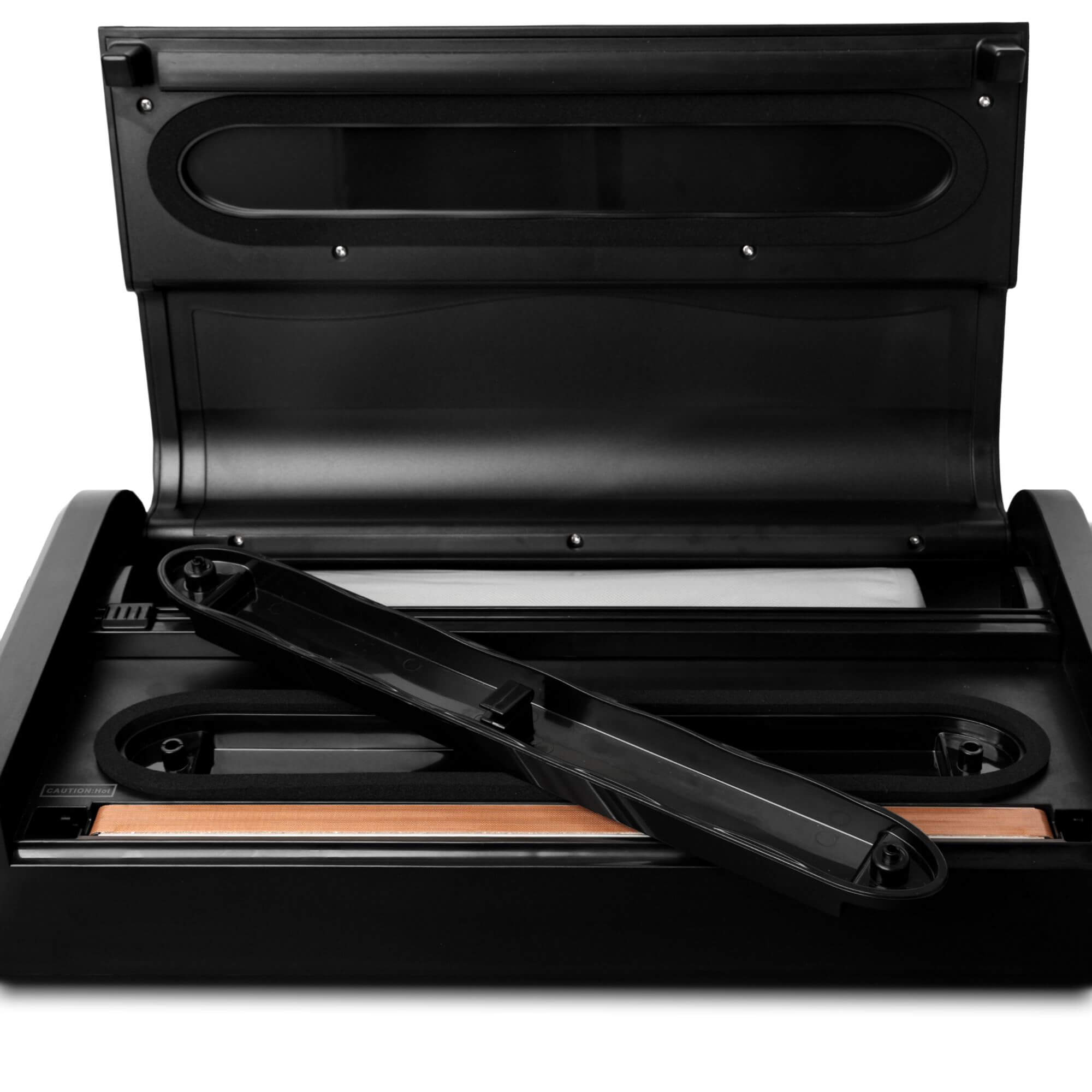 Pro-line Cordless Vacuum Sealer Cryovac Machine Portable & Rechargable Showing Lid Open with Roll Cutter and Roll and Drip Tray