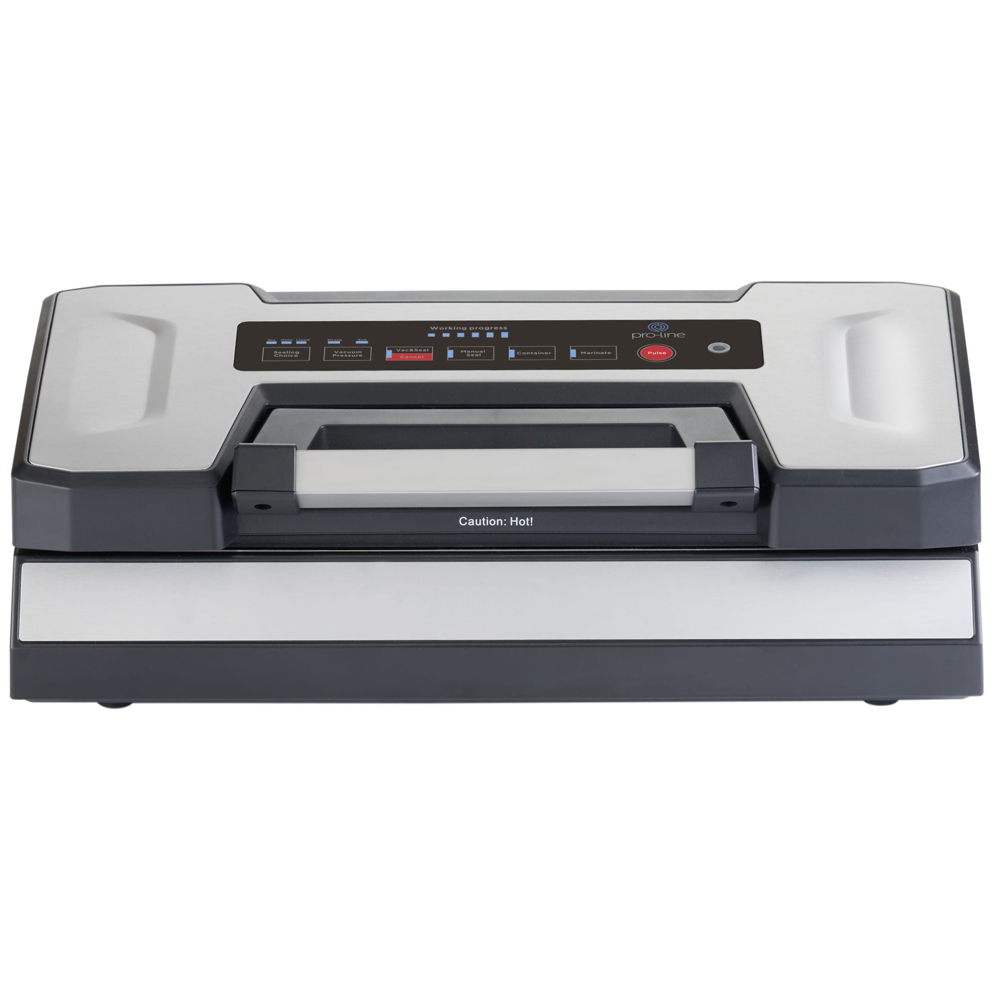 Front view of the Pro-line VS-C4L Liquid Ready Vacuum Sealer with stainless steel housing and LED control panel.