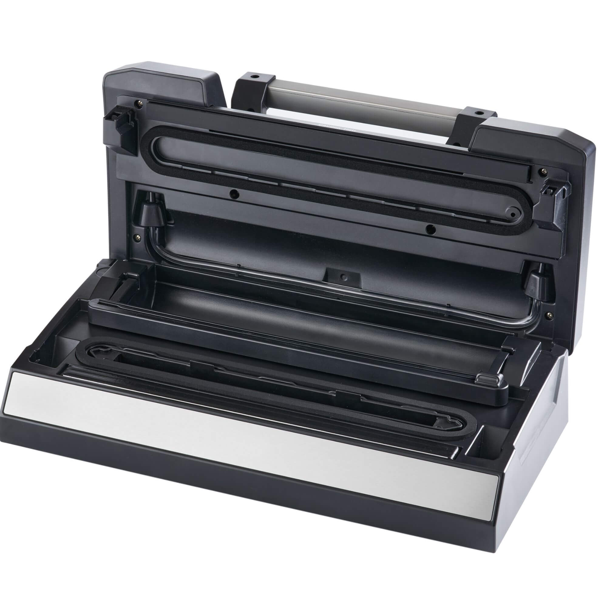 Pro-line VS-C4L Liquid Ready Vacuum Sealer open lid view, showing sealing bar, roll holder and cutter.”